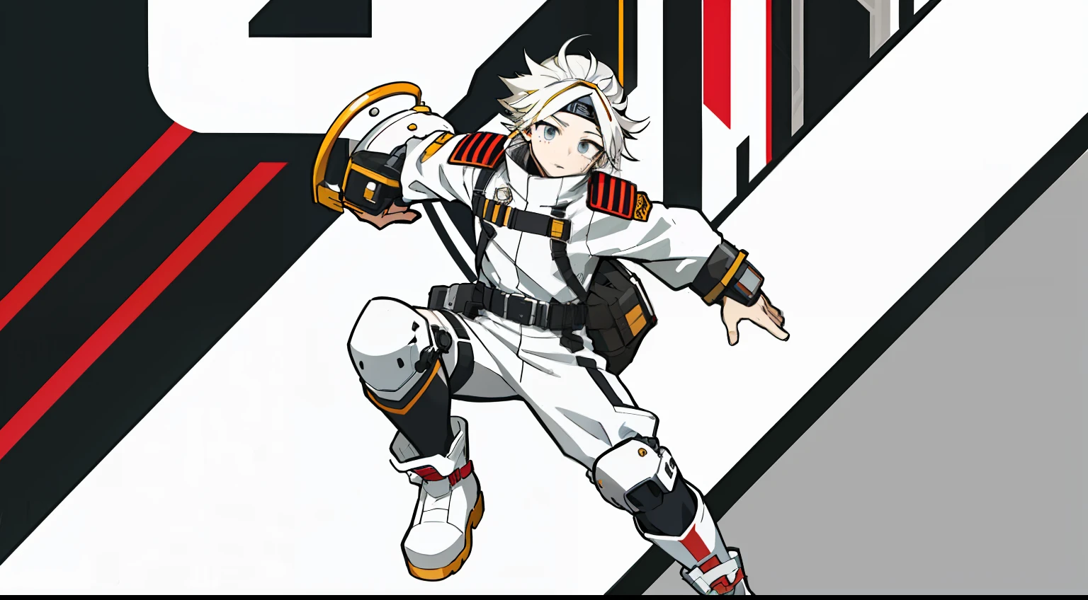 ((Masterpiece, highest quality)), detailed face, character sheet, Full body,  full of details, multiple poses and expressions, highly detailed, depth, many parts, My Hero Academia style, anime boy, male, young male, head covering, white helmet with black V-shaped visor, face covering, mask, White with Black Lines Brindle Trench Coat, High Neck Trench Coat, White Metal Dungarees, Hero Costume, Full Body Suit, White with Black Lines Suit, Black knee boots with white lines, white metal toe cap boots, black knee pads, white shin guards, black belt, white gloves, Black V logo on the chest, V logo on the chest, logo,