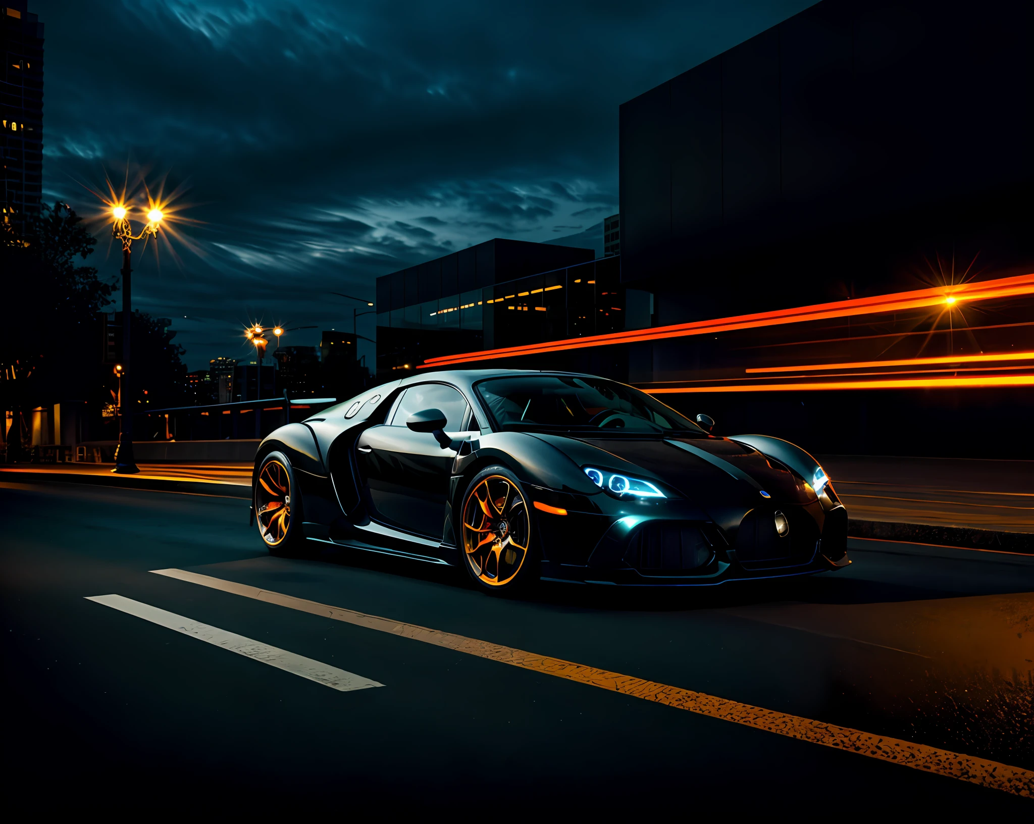 a Black Buggati with orange details, black windows, orange neon in the bottom of the car, in motion, on a street in the night, masterpiece, best quality, high quality, realistic lighting, cinematic lighting, high resolution, sharp, in focus, 4k, very details, ray tracing, shadow dynamic, light dynamic,city background, Texture dynamic, Texture details, ((HDR)), High Contrast, Bloom, high reflection, EdobCar