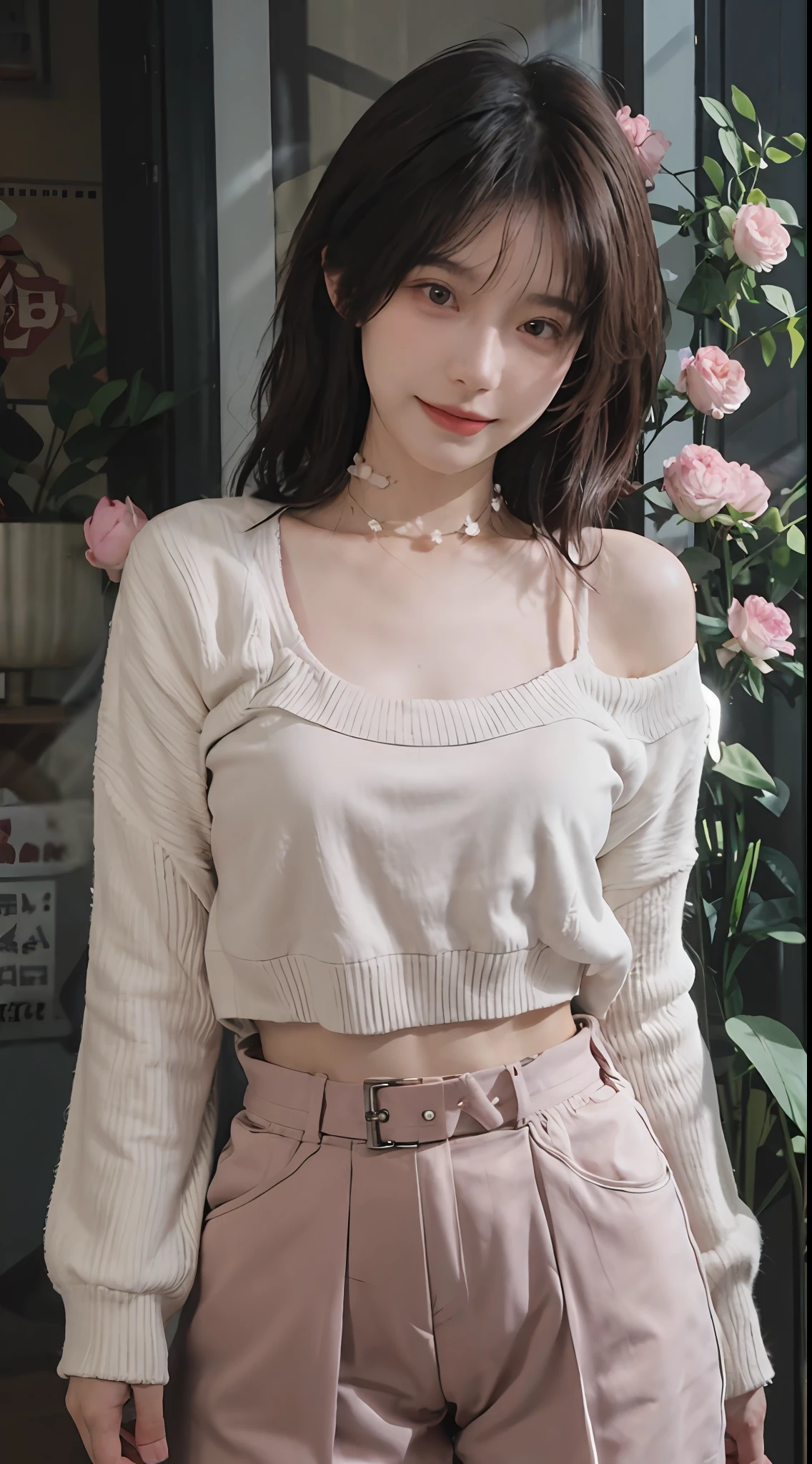 best qualtiy, 超高分辨率, (realisticlying:1.4),cute hairpin,Baoyu Girl,1girll, Beautiful woman with a slim figure:1.4, Abs:1.4, (A brown-haired, mideum breasts:1.3), Pink cropped sweater:1.1, Flower shop,Ultra-fine face,Elaborate Eyes,二重まぶた,ssmile,choker necklace