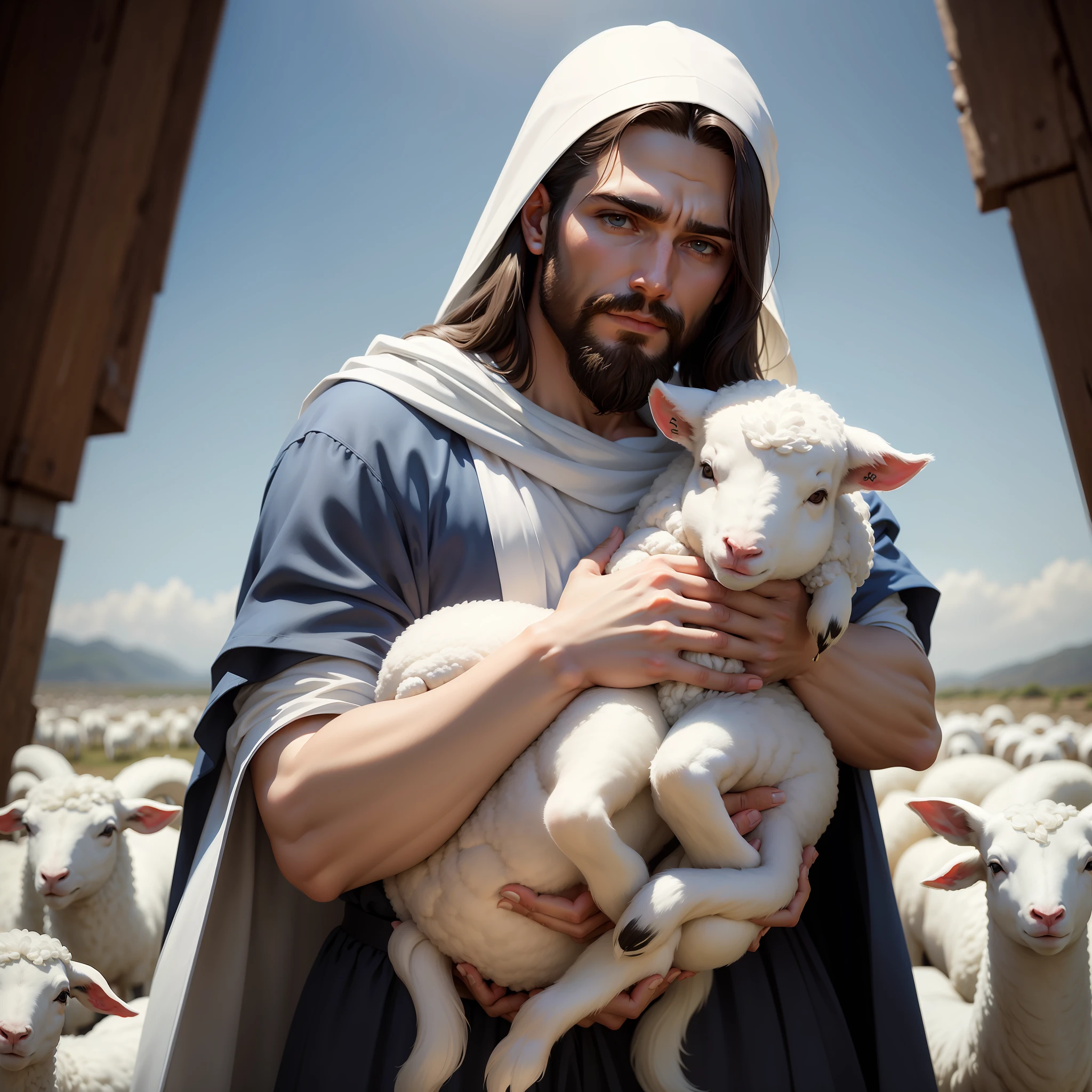 Jesus, retrato, luz suave, um homem com longos cabelos castanhos e barba, vestindo um manto branco e uma faixa azul, holding a lamb in his arms, semblante sereno, montanhas e nuvens ao fundo, 8k, oil-painting