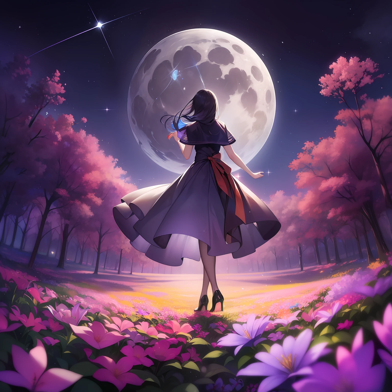 Vast landscape photos、(View from below with a view of the sky and the wilderness below)、20 year old woman in business suit standing in flower garden、look up to、Long pleated skirt fluttering in the wind,(10cm High Heels),posterior view,(fullmoon:1.2),(((There are two full moons))), Two big stars,.(shooting stars:0.9)、(nebulas:1.3)、mountain in the distance、Tree Break Production Art、(Warm color light source:1.2)、(fireflys:1.2)、abajour、Purple and orange、intricate detailes、Volume Lighting、Realism Break (masterpiece:1.2)、(top-quality)、4K、Ultra-Details、(The composition of the movement:1.4)、Very detailed and colorful details、(Iridescent colors:1.2)、(Glowing lighting、Atmospheric lighting)、dream-like、Magical、(独奏:1.2)