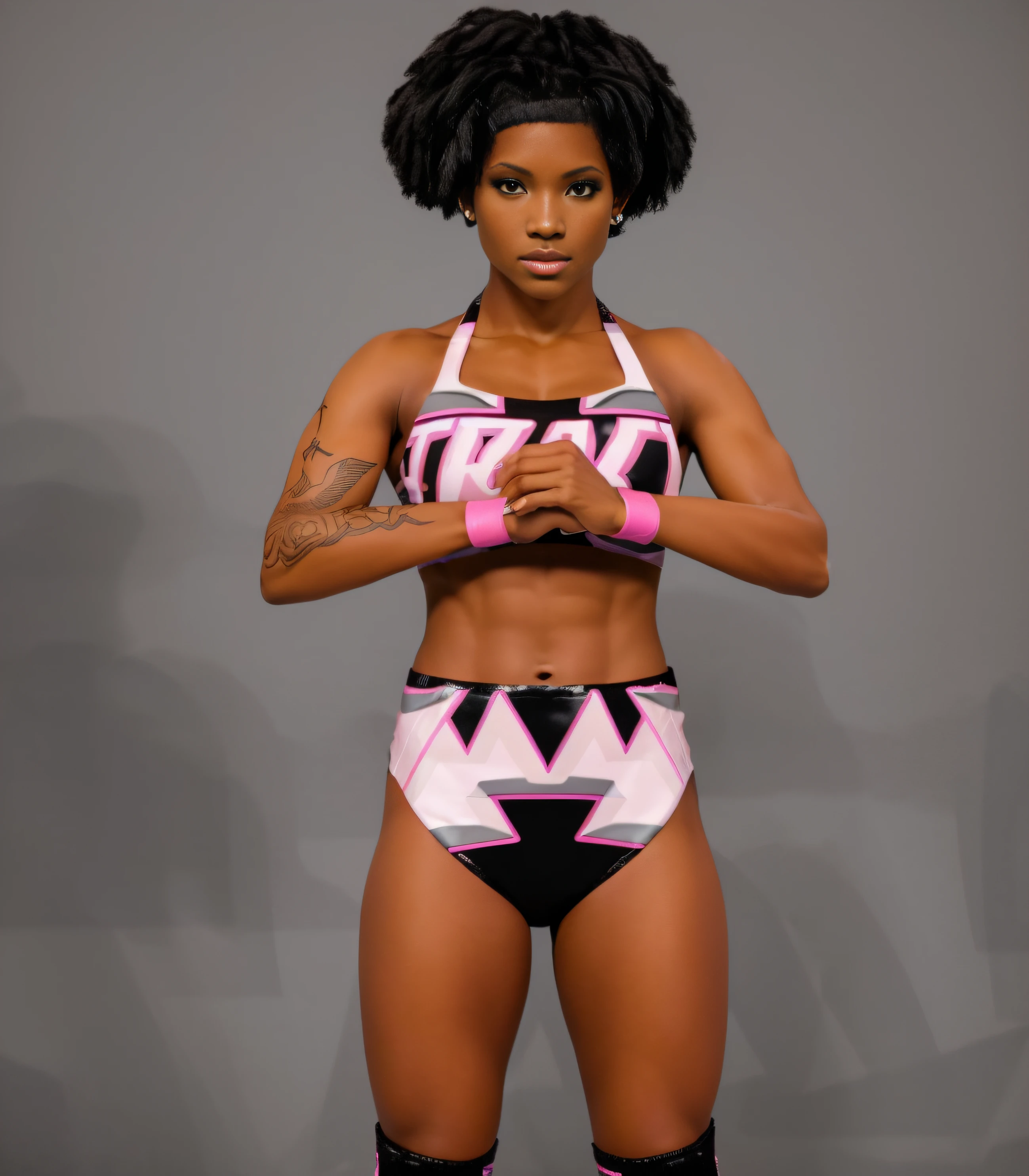 ((masterpiece, best quality)), Black female wrestler with small Afro, black medical tattoos, (in black pink and grey triangle patterned vinyl sports bra that says "TRACI"), black pink and grey triangle patterned vinyl high leg trunks, black pink and grey triangle patterned knee-pads, hot pink wristbands, ((photo realistic)), intricate details