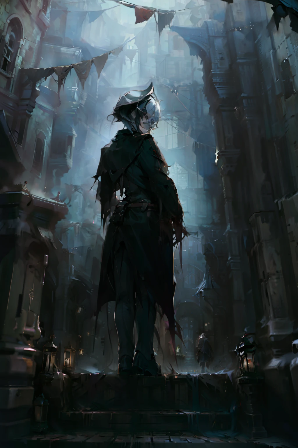 (( best quality, masterpiece)) Standing in dark alley, night, lit by street lantern, skull in hand, drenched in blood, sadistic smile, looking at camera, back turned
