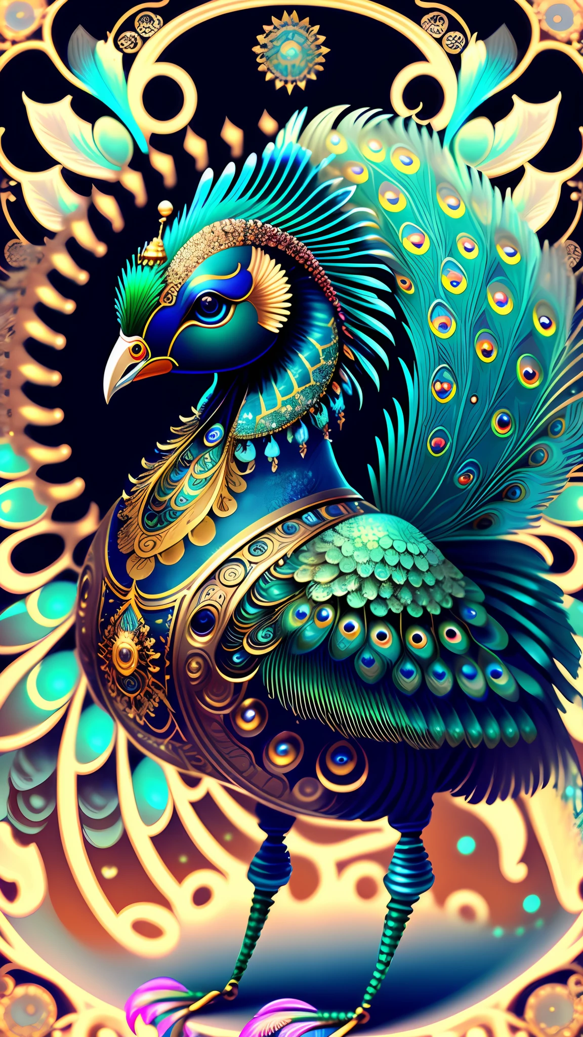 android mechnical peacock,robot wings,earnst haeckel, james jean. generative art, baroque, intricate patterns, fractalism, movie still, photorealistic, vibrant peacock feathers, intricate, elegant, highly detailed, digital painting, artstation, smooth, sharp focus, illustration, outrun, vaporware,full body shot