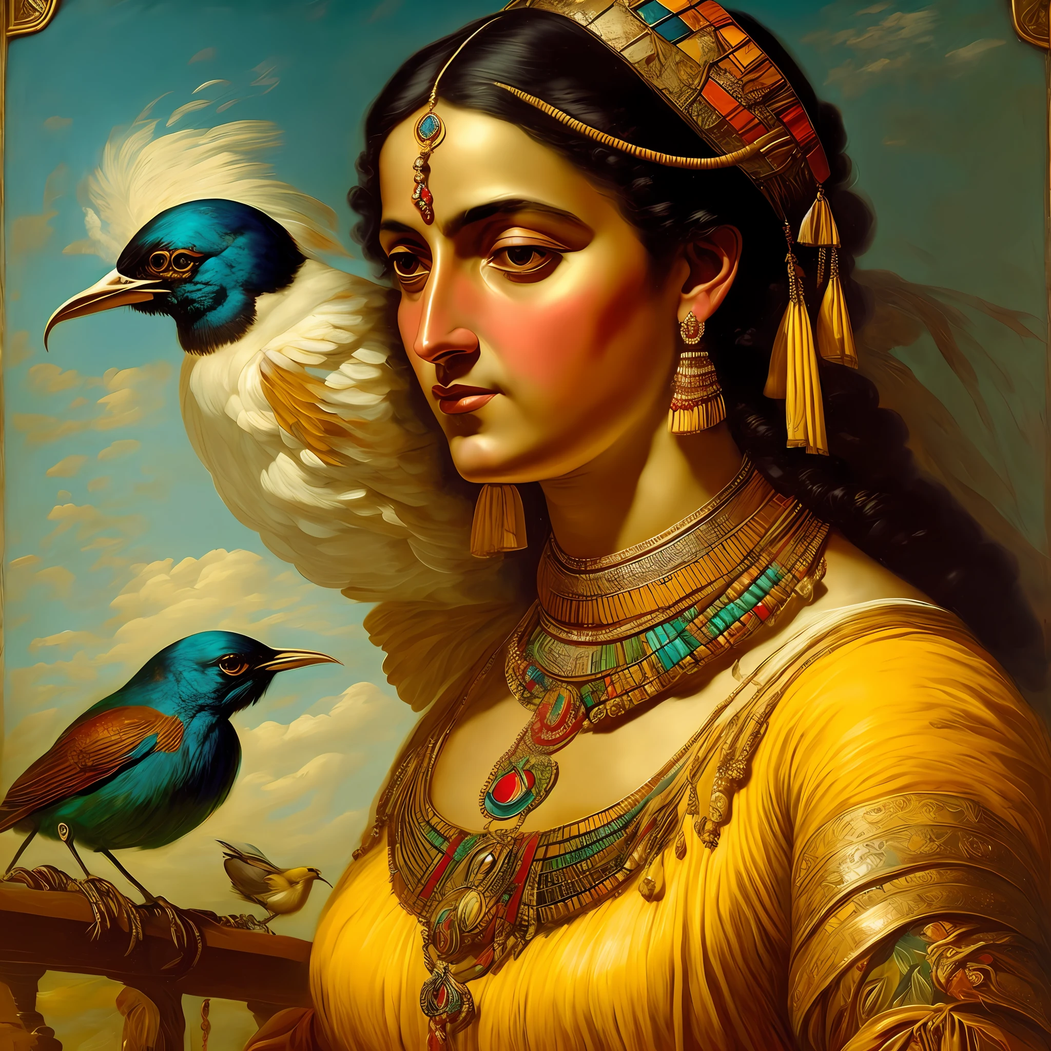 Uma mulher, pintura estilo classico realista, with an old bird cage over his head,  classic art, realismo exuberante, cores opacas em toda imagem, Antique jewelry on woman's neck, maquiagem borrada, pele branca suja de poeira. --auto