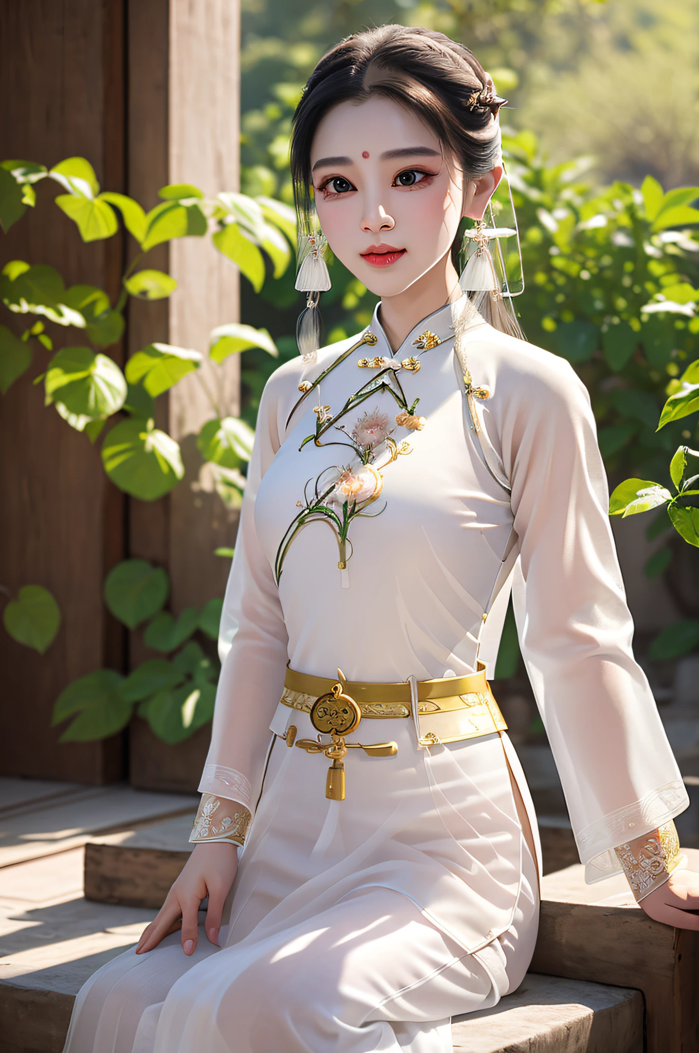 (best quality, masterpiece:1.2), photorealistic, ultra high res, full body shot, front lighting, intricate detail, Exquisite details and textures, 1girl, (young), face highlight, upper body, detailed face, tear mole, white skin, silver hair, ponytail, braid hair, looking at viewer, big eyes, symmetrical eyes, (sexy ao dai attire:1.6), earrings, (gigantic breasts), slim body, professional lighting, photon mapping, radiosity, physically-based rendering, good hands, good fingers, outdoor, masterpiece,ultra realistic,32k,extremely detailed CG unity 8k wallpaper, best quality