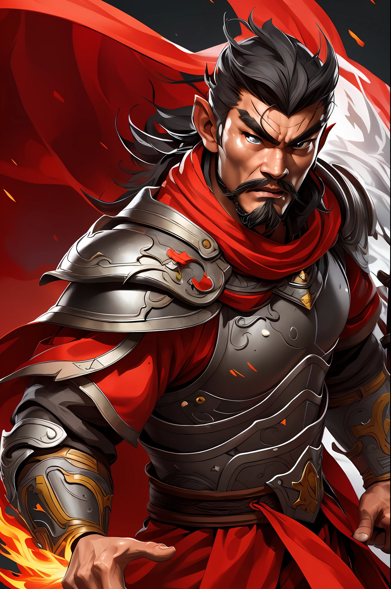 Sun jian dynesty worriors game, chinese male, chinese, cape, armor, weapon,solo, 1boy, strong, muscular male, wide waist, fire,  armor, big eyes, high resolution, battlefield, highly detailed