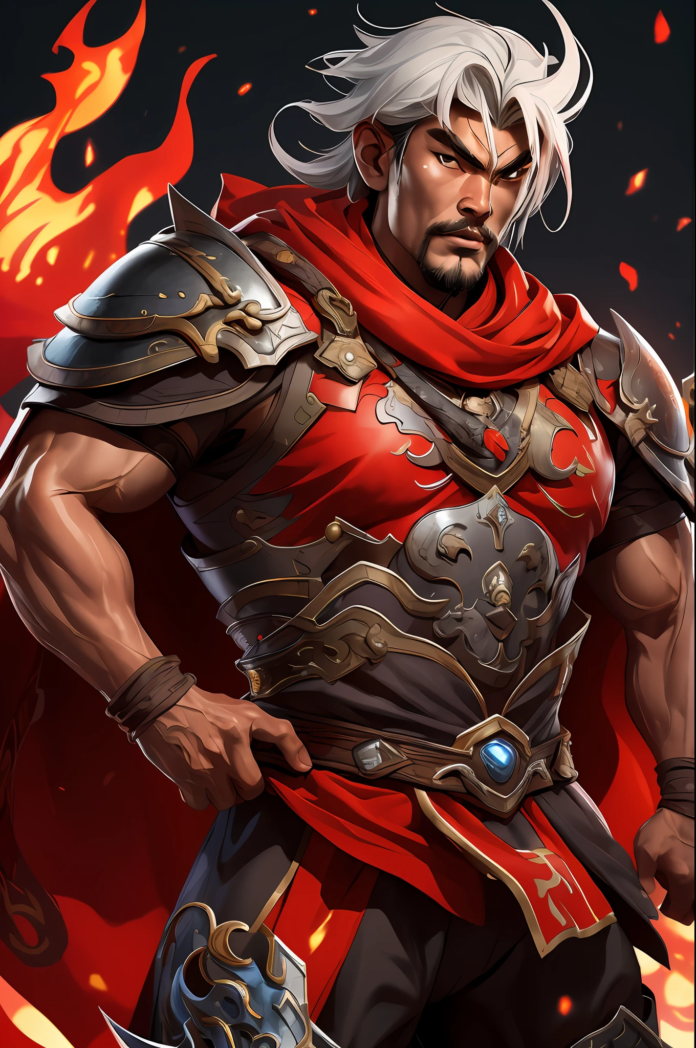 Sun jian dynesty worriors game, chinese male, chinese, cape, armor, weapon,solo, 1boy, strong, muscular male, wide waist, fire,  armor, big eyes, high resolution, battlefield, highly detailed