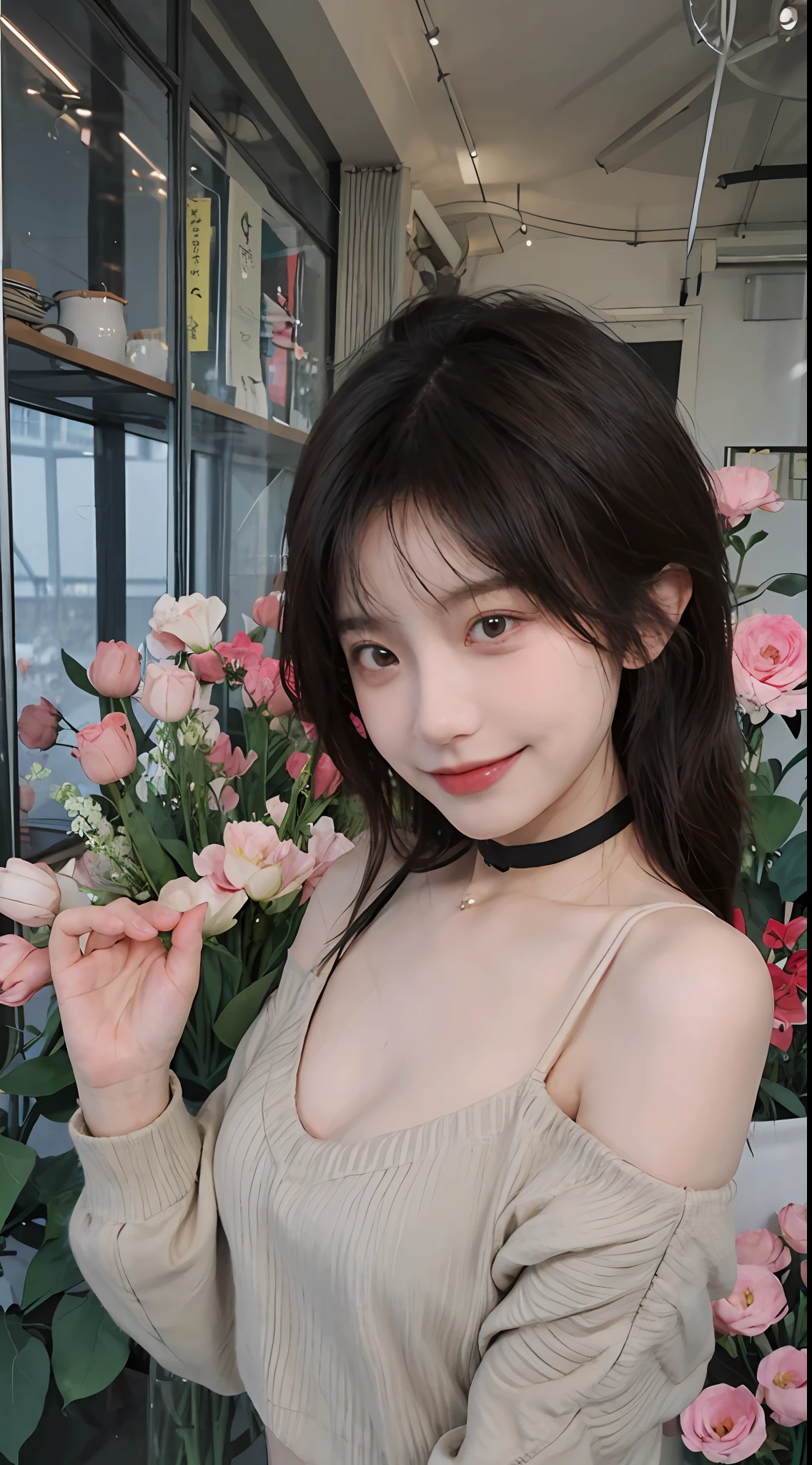 best qualtiy， 超高分辨率， （realisticlying：1.4），cute hairpin，Baoyu Girl，1girll, Beautiful woman with a slim figure:1.4, Abs:1.1, (A brown-haired, mideum breasts:1.3), Pink cropped sweater:1.1, Flower shop,Ultra-fine face，Elaborate Eyes，二重まぶた，ssmile，choker necklace