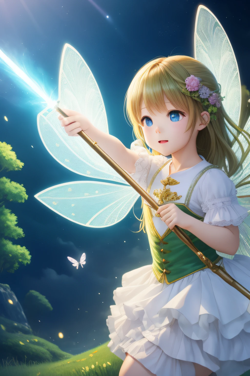 (masterpiece、top-quality:1.3)、ighly detailed、Convoluted、8k、HDR、wall-paper、电影灯光、、Skysky、flight、Holding the baton、LINE Fairy、SHINES、Green Fairy Clothes、Beautiful eyes、Fantasia、(「Is that all I want to say??」Responses to)、Playing Akkanbe、realisitic、Leprechaun、Fluttering into the sky、