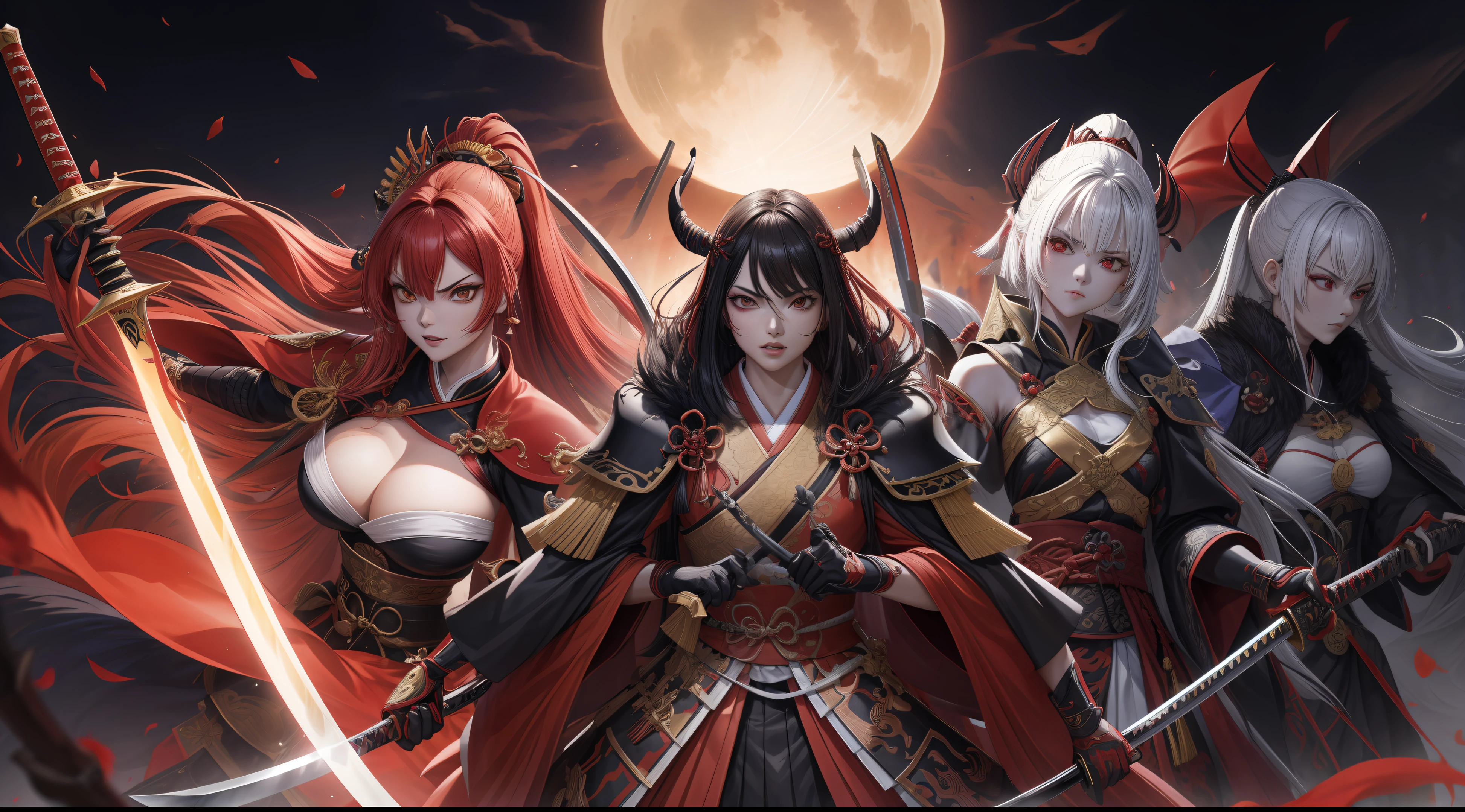 melhor qualidade, master part, ultra high-resolution, poster, 4k, arte de fantasia, dynamic lighting, Art Station, poster, Volume Lighting, Rostos muito detalhados, Papel de parede 4k, Premiada Uma Menina com Espada, Corda de cabelo vermelho, Katana, Segurando uma Grande Espada, Demon Samurai, roupas pretas, cabelo voando, Faixa Vermelha, Qi Espada Vermelha, Dramatic Katana Wielding Pose, (Ultra: 1.4), Fundo da arquitetura chinesa antiga, Uma Rodada de Lua Vermelha,