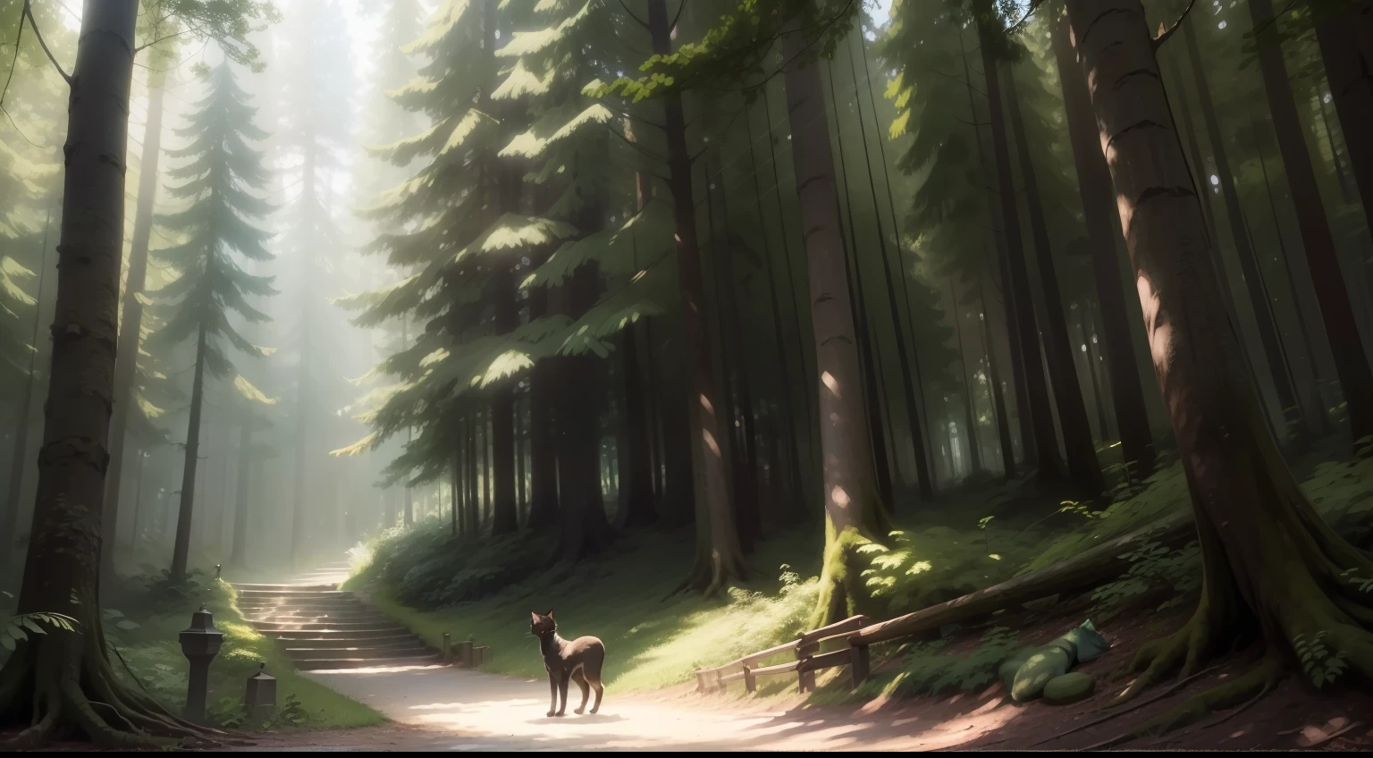 Amidst the dappled sunlight, an awe-struck Kitty named Mia stands at the edge of a majestic forest, mesmerized by the towering trees with their branches weaving intricate patterns that sway in harmony with the wind's gentle caress. As she takes her first step into the enchanting realm, the forest seems to welcome her with open arms, promising a journey of wonder and magic.