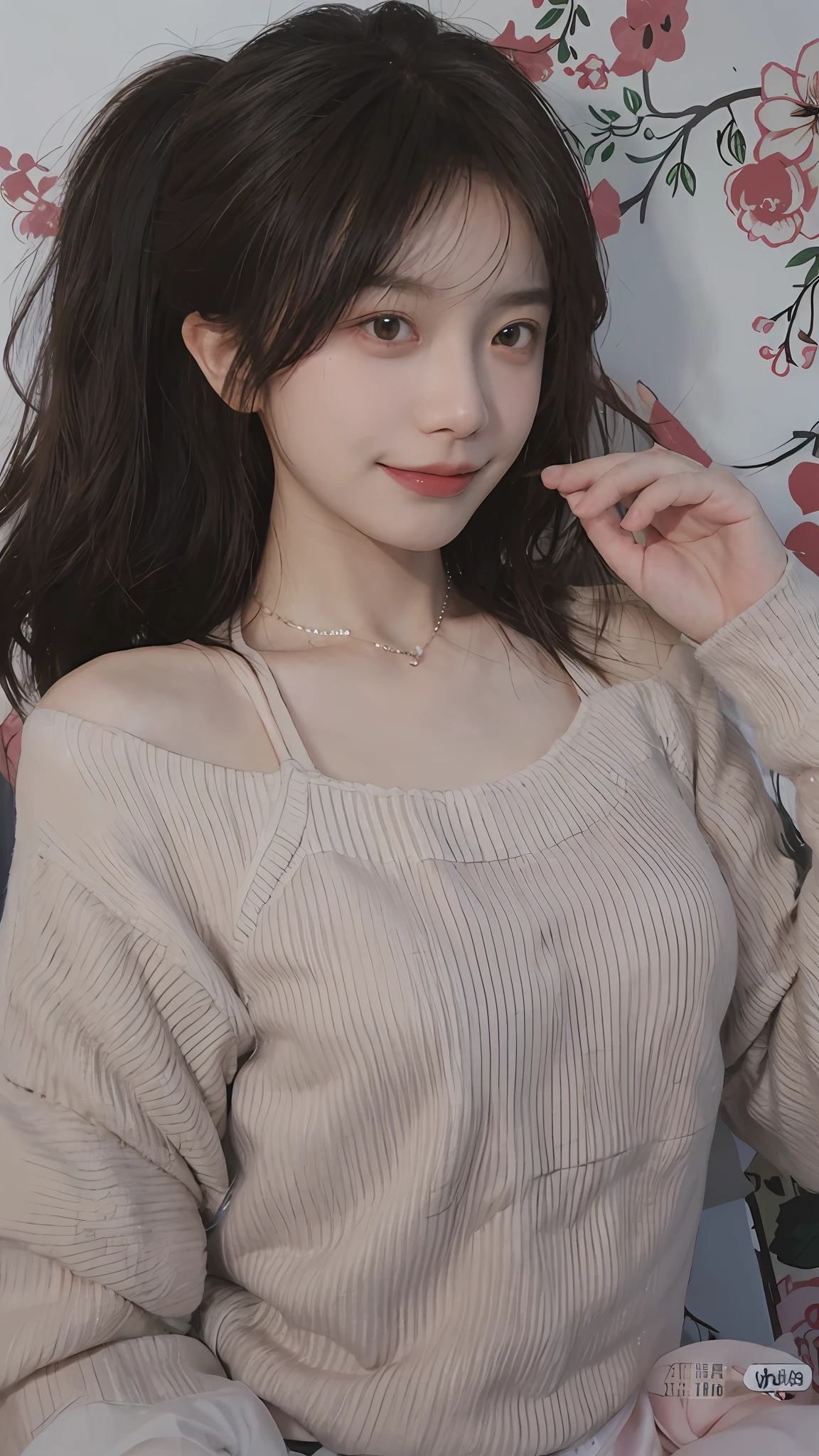 best qualtiy, 超高分辨率, (realisticlying:1.4),cute hairpin,Baoyu Girl,1girll, Beautiful woman with a slim figure:1.4, Abs:1.8, A brown-haired, mideum breasts:1.3, Long pink sweater:1.1, chies,Ultra-fine face,Elaborate Eyes,二重まぶた,ssmile,choker necklace