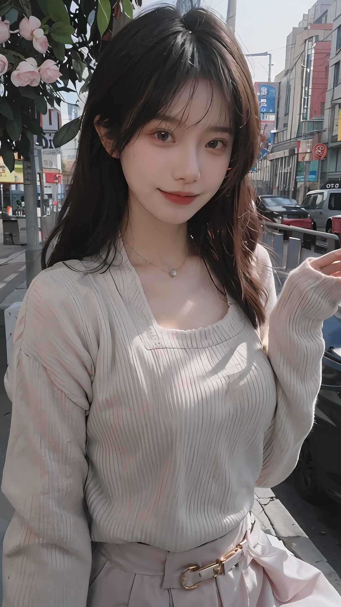best qualtiy, 超高分辨率, (realisticlying:1.4),cute hairpin,Baoyu Girl,1girll, Beautiful woman with a slim figure:1.4, Abs:1.8, A brown-haired, mideum breasts:1.3, Long pink sweater:1.1, chies,Ultra-fine face,Elaborate Eyes,二重まぶた,ssmile,choker necklace