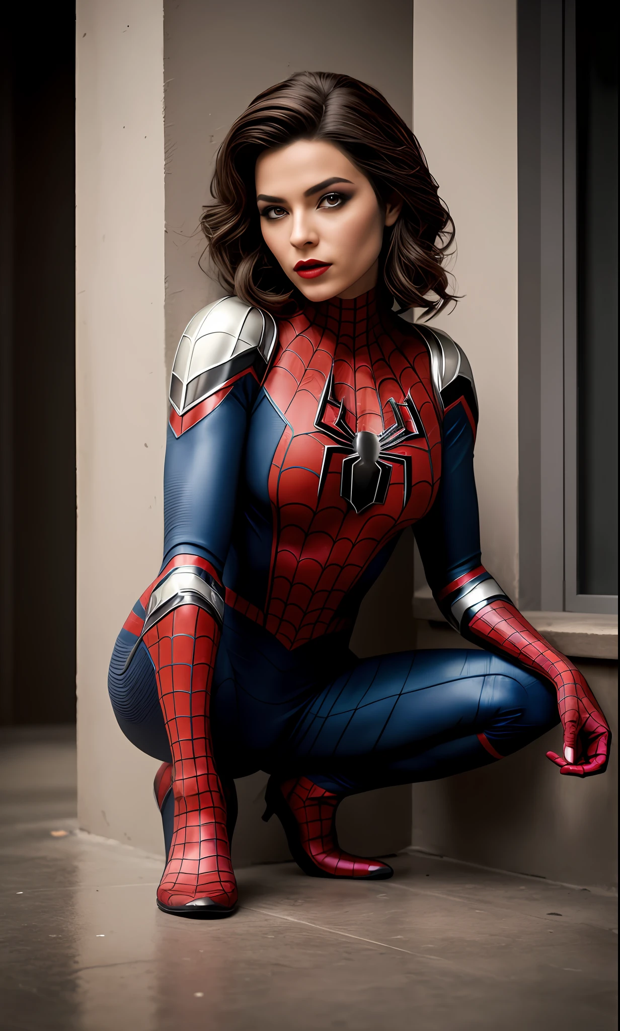 Tipo de imagen: Retrato en 8K, con enfoque en cuerpo definido y maquillaje detallado.
Description: Esta imagen muestra a una hermosa mujer con un maquillaje detallado y un cuerpo definido, Wearing a Spider-Man Cosplay.
Atuendo y detalles: The spider-man costume stands out in this image, creando un contraste interesante con la belleza y feminidad de la modelo. Her round breasts are present in the picture, but is careful to maintain the artistic and respectful approach.
Enfoque y tipo de imagen: La imagen ha sido capturada con un lente wide angle, mostrando un retrato completo que incluye las piernas y los pies de la modelo.
hyperrealistic technique: The image has been created using the hyperrealism technique, lo que la hace parecer sorprendentemente real y detallada.
Calidad de imagen: Photography is in stunning 8K resolution, capturando cada detalle con gran nitidez.
HDRI Technique: HDRI technology has been used to achieve exceptional lighting and realism in the image.
Nota adicional: The portrait shows a unique fusion of beauty, Detailed makeup and originality of Spider-Man cosplay, creando una imagen llamativa y fascinante.