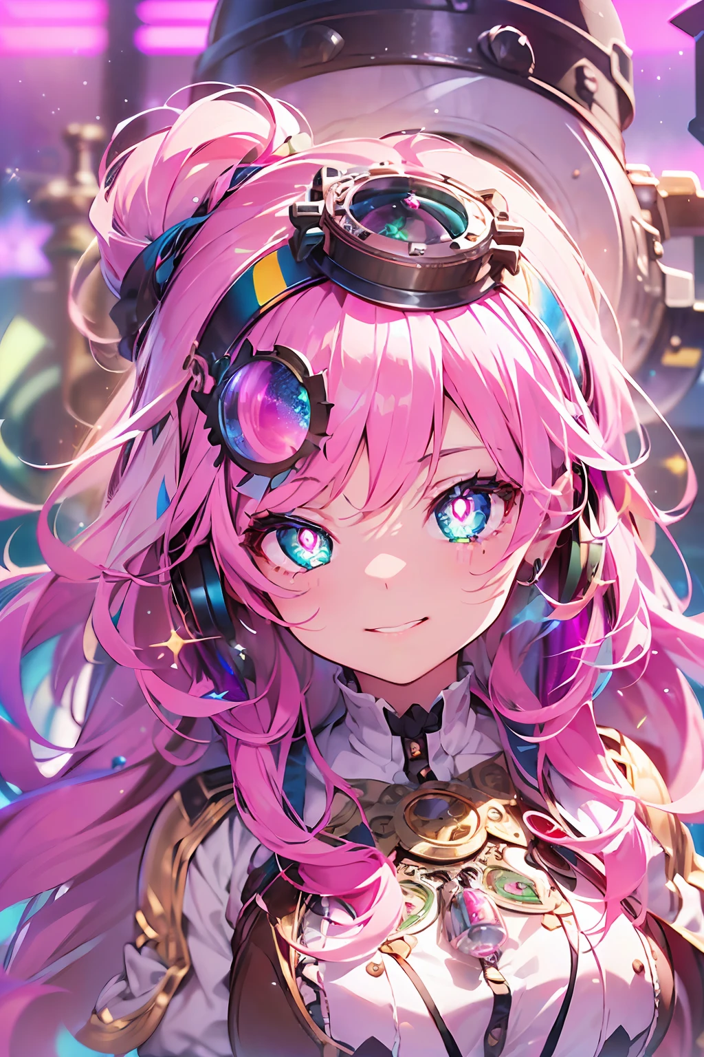 Full body depiction:2. Steampunk style:2.、Steam engines、hour glass、gear wheel((masutepiece))),((ultra-detailliert,Best Quality, hight resolution, Beautiful clothes,)),fullllbody,Fulll body Shot (1 girl)((Pink hair, Long hair,Straight hair,two side up)) (Green eyes),eyeshadows, eye line,gloweyes, ultradetailed eyes, intricate eyes, Beautiful eyes, ((Glowing pink pupils))18-year-old girl、frilld.Smile .Retro background((High contrast RGB effect, LED effect, Kaleidoscope effect, Shining Effect, Ripple Effect, Glitter RGB effect))full body Esbian