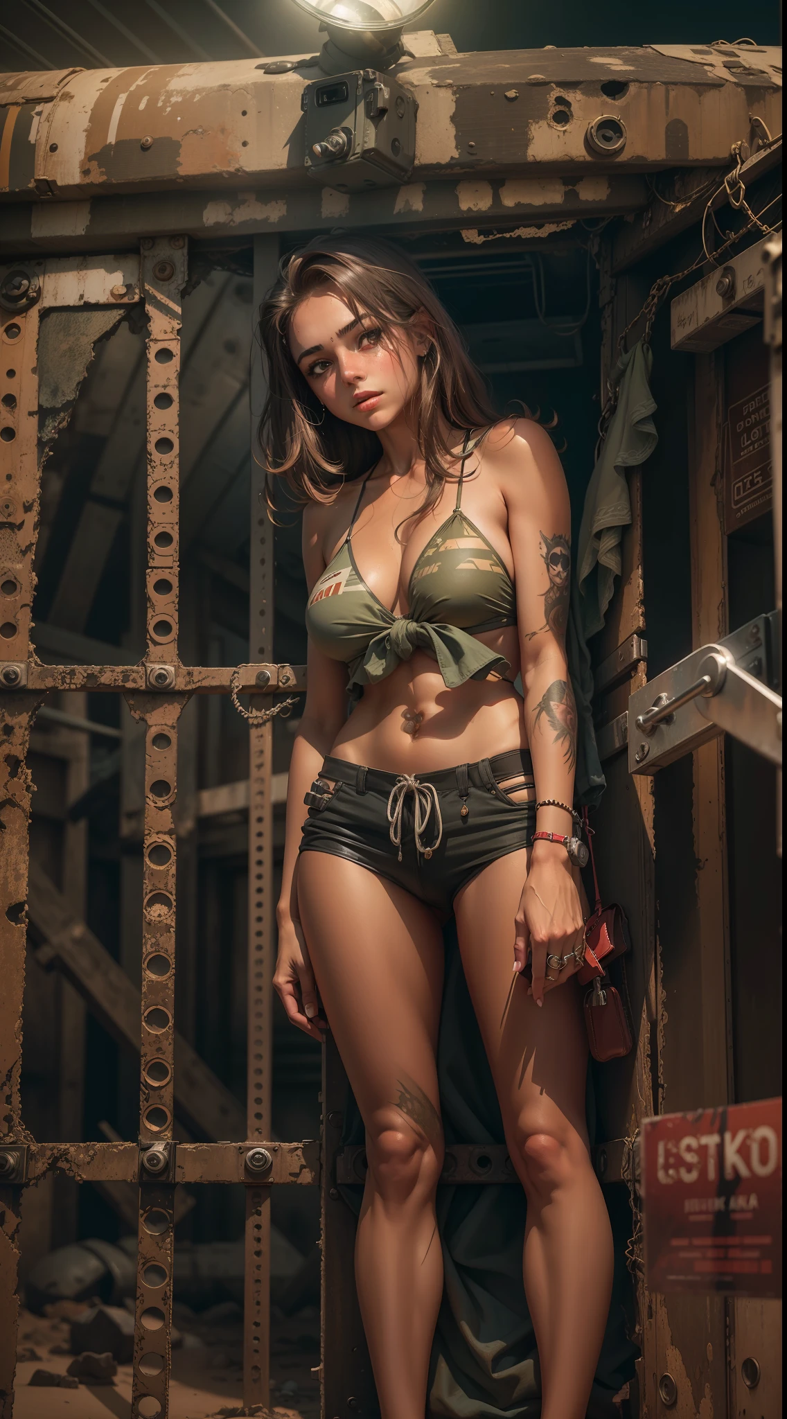 Uma garota loira de 18 anos, wearing a bikini inside a lock;(meka) atirando,Estilo de engrenagens, Post-apocalyptic background in the night desert, Bottom-up angular front camera