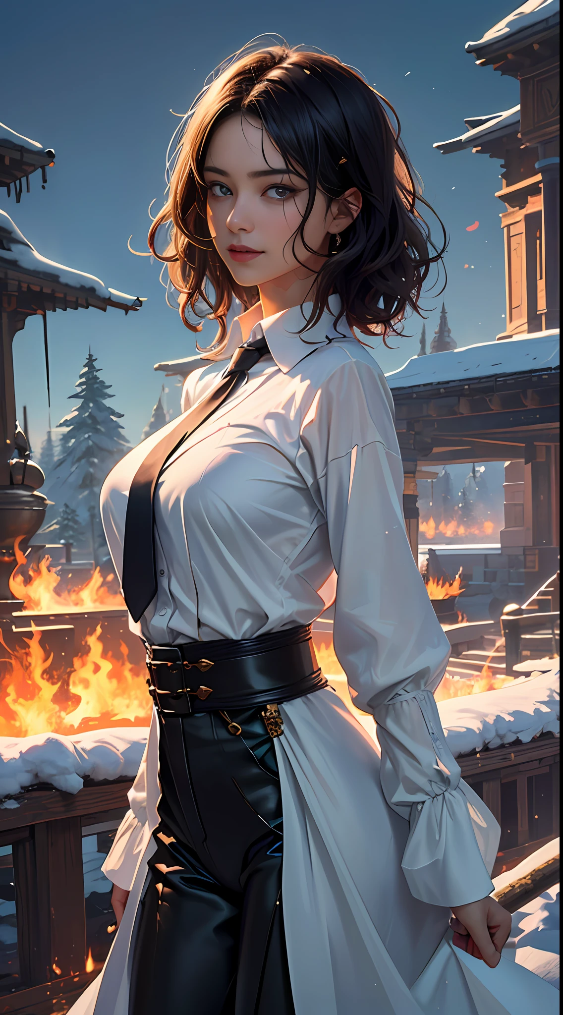 tmasterpiece,best qualtiy,ultra - detailed,illustratio,epic lighting,cinematic compositions,isometry,1girll,独奏,adolable,with brown eye,Black color hair,blouse with a white collar,black necktie,Black pantsuit,formal,a captivating gaze,captivating posture,,looking at viewert,Be red in the face,seduct smile,Shut your mouth,(8K:1.1),1female,25 age old,Large breasts,Pornographic exposure, 独奏,(Background with:coniferous forest,at winter season,Snow on the ground,the sea) with his long black hair, standing on your feet,Sweat profusely,drenched all over the body,From the front side, curlies, mostly cloudy sky,(((tmasterpiece),(Very detailed CG unity 8K wallpaper),best qualtiy,cinmatic lighting,detailed back ground,beatiful detailed eyes,Bright pupils,blue color eyes,(Very fine and beautiful),(Beautiful and detailed eye description),ultra - detailed,tmasterpiece,)),facing at camera,A high resolution,ultra - detailed)revealing breasts,Bare genitalia, Bulge,Camel toes,Raised sexy,Flushed complexion,Open-mouthed,Smile,