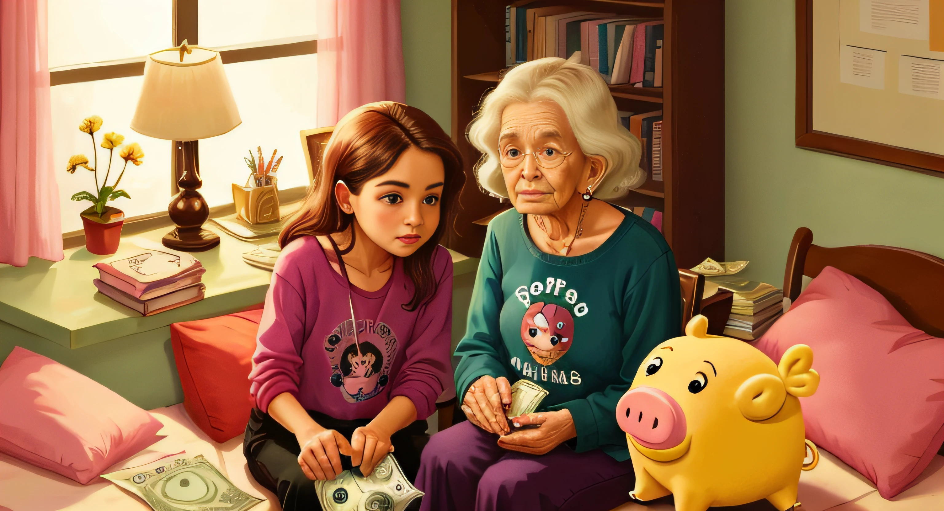 Liz and her grandmother sitting on the bed putting money in their piggy bank