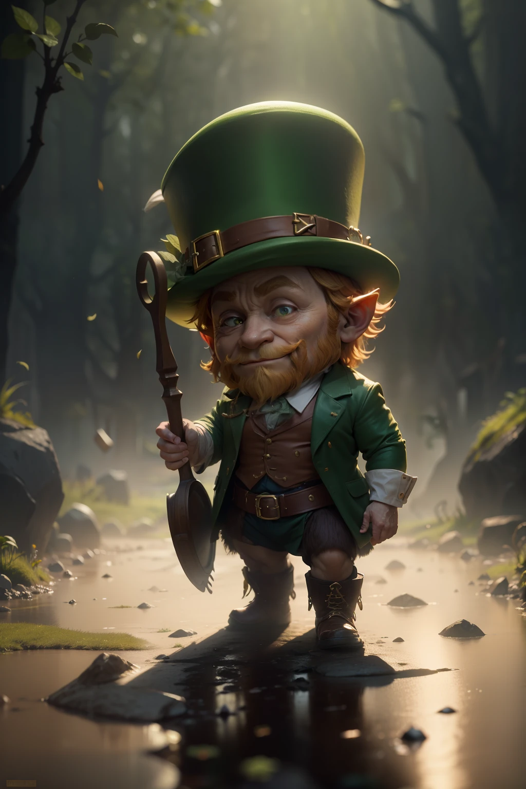 leprechaun, deliberate, masterpiece, best quality, highest quality, cinematic lighting, very beautiful, ultra realistic, 8k, super detail, standing, pail full of gold coins