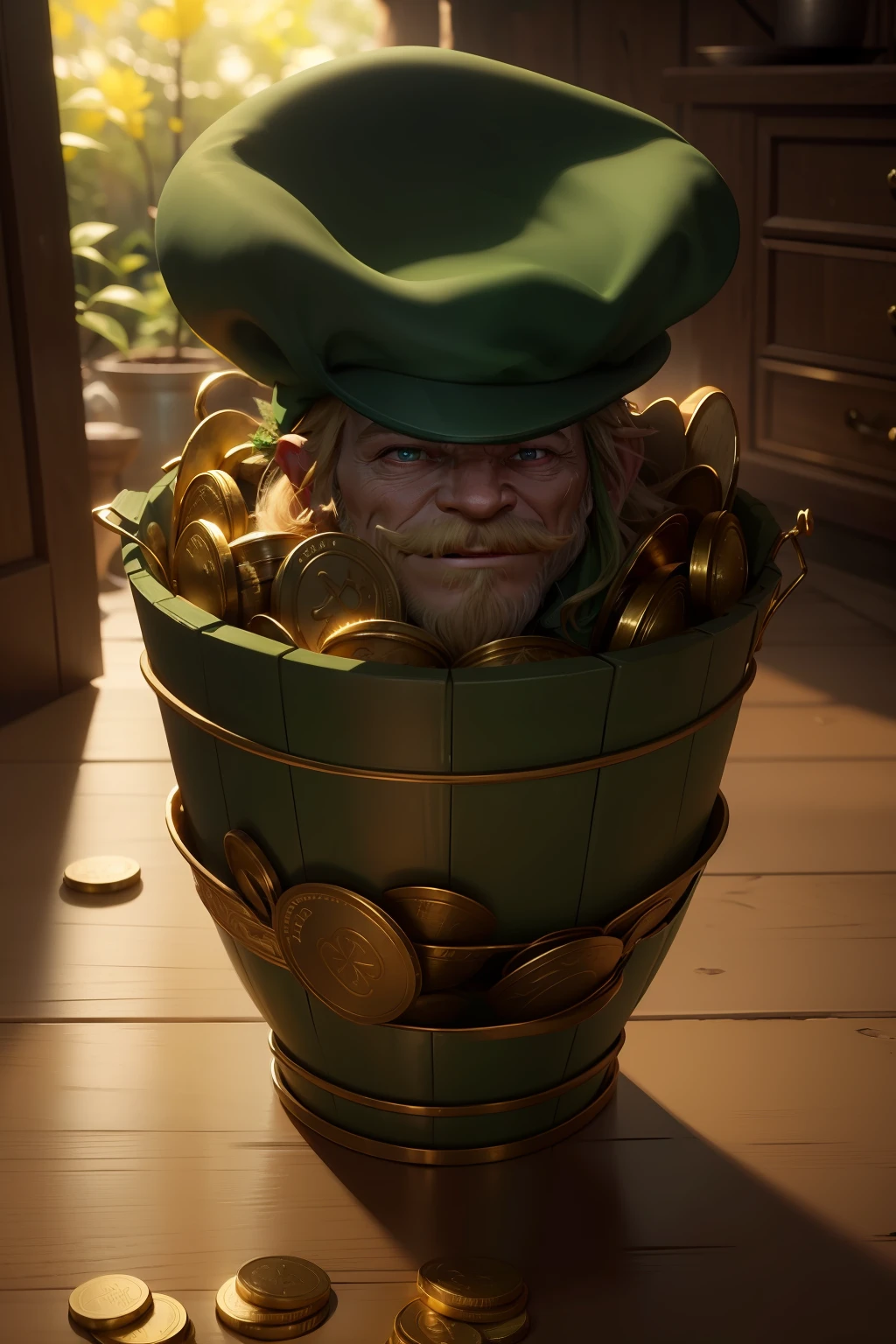 leprechaun, deliberate, masterpiece, best quality, highest quality, cinematic lighting, very beautiful, ultra realistic, 8k, super detail, standing, pail full of gold coins