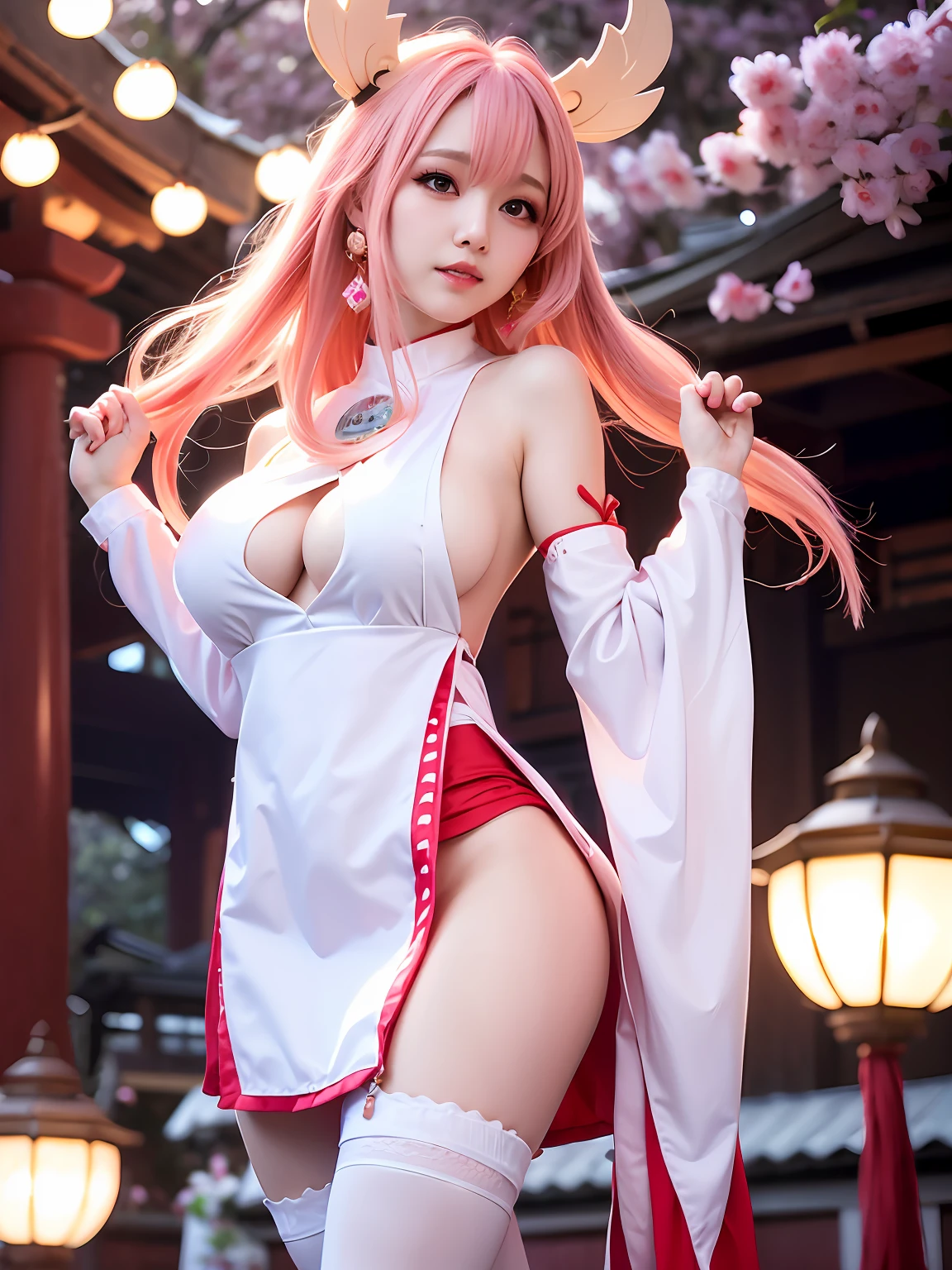 1girl, (ulzzang-6500:0.725), kpop idol, yae miko, detached sleeves, bare shoulders, (sideboob:1.45), pink hair, long hair, japanese clothes, best quality, (photorealistic:1.2), (hair ornament:1.35), jewelry, purple eyes, earrings,, large breasts, torii, cherry blossoms, lantern light, depth of field, detailed face, face focus, bodystocking, ribbon_trim, white skirt, white dress, (looking at viewer:1.25), nontraditional miko, shiny skin, long sleeves, smile, thick lips, game cg, thighhighs, (bare breasts:1.25), hands on lips, east asian architecture, blurry background, full body,