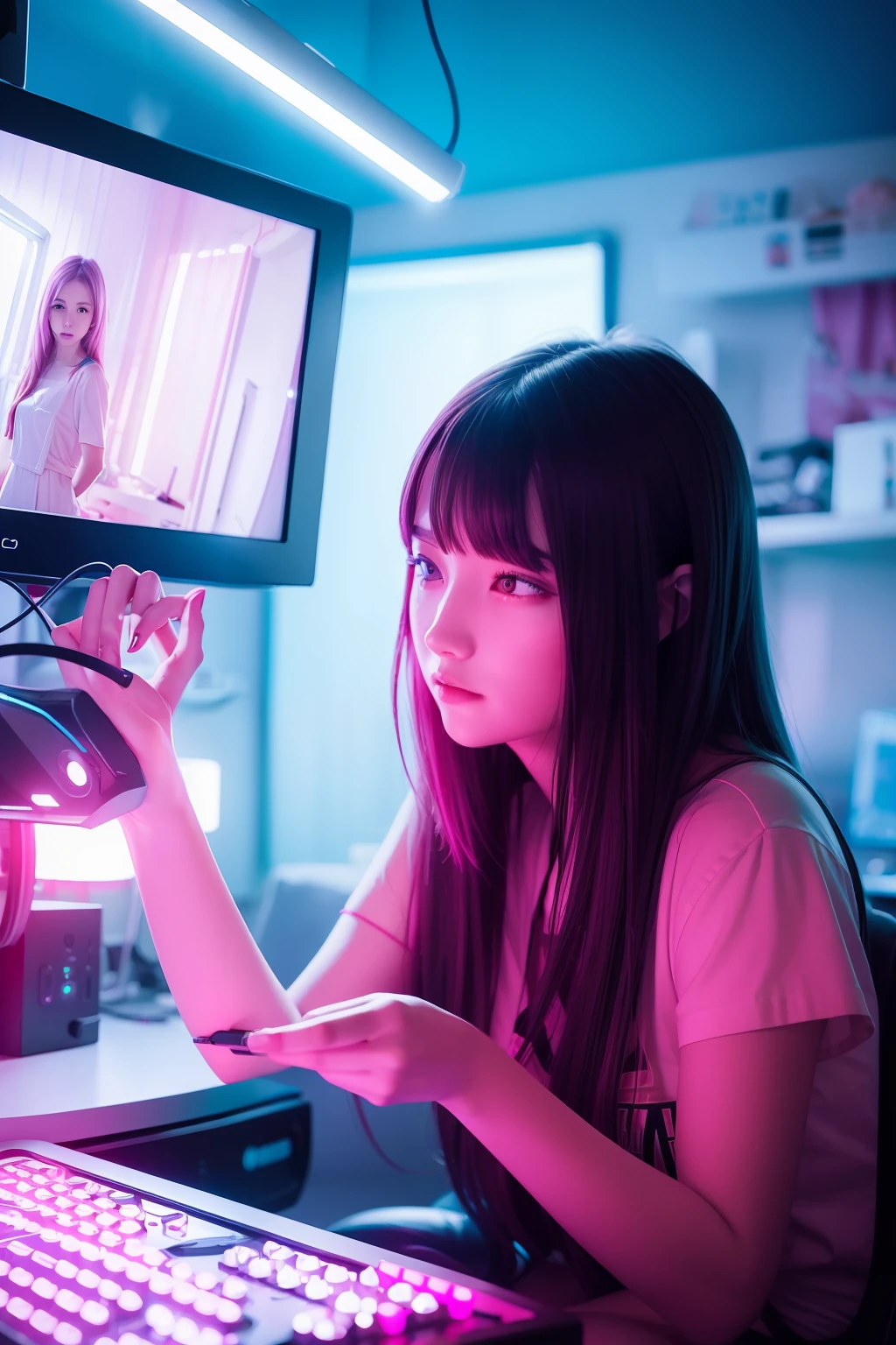 ((best quality)), ((masterpiece)), 1girl, gaming room, neon lights, led lighting, hacker, red room