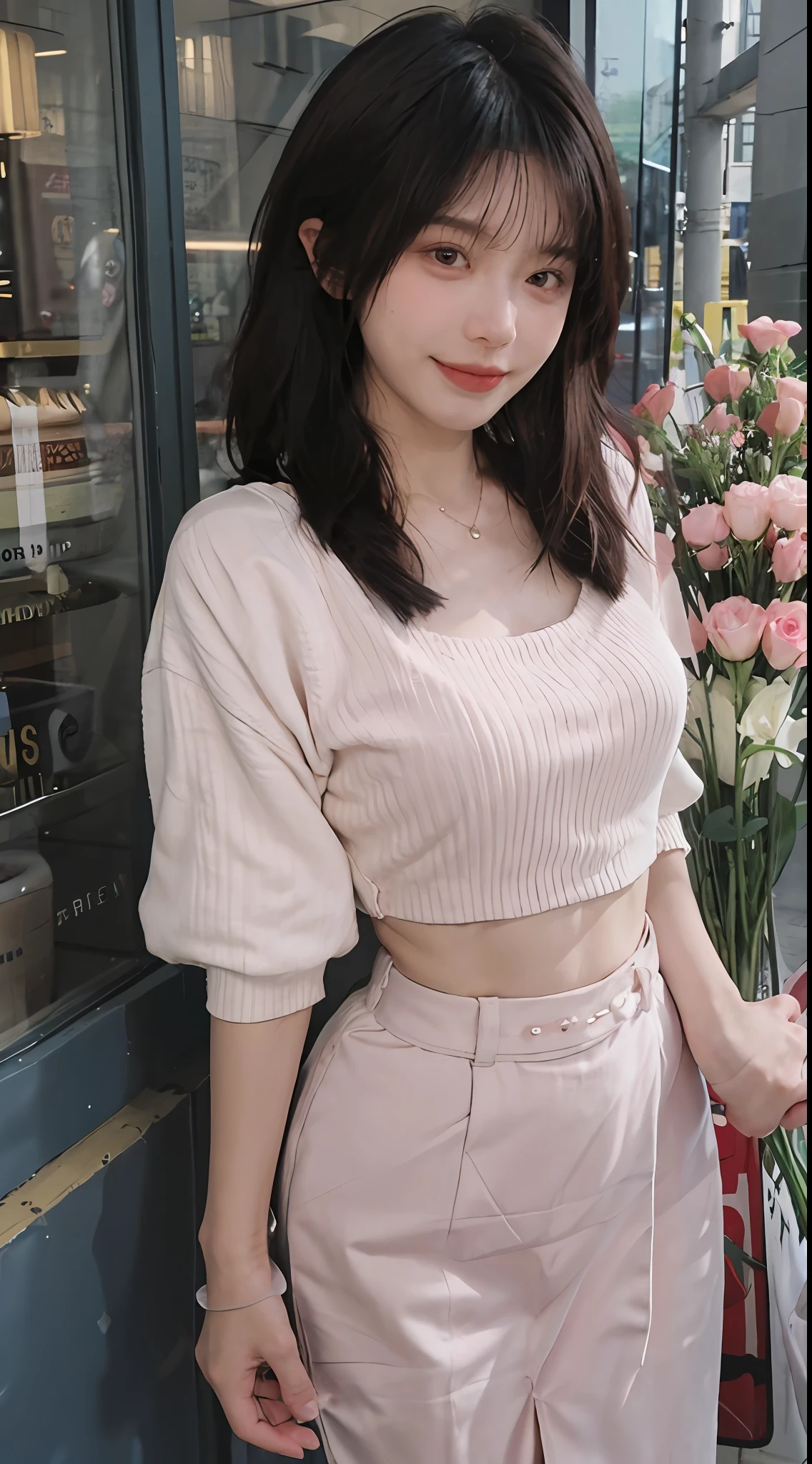 best qualtiy, 超高分辨率, (realisticlying:1.4),cute hairpin,Baoyu Girl,1girll, Beautiful woman with a slim figure:1.4, Abs:1.1, (A brown-haired, mideum breasts:1.3), Pink cropped sweater:1.1, Flower shop,Ultra-fine face,Elaborate Eyes,二重まぶた,ssmile,choker necklace