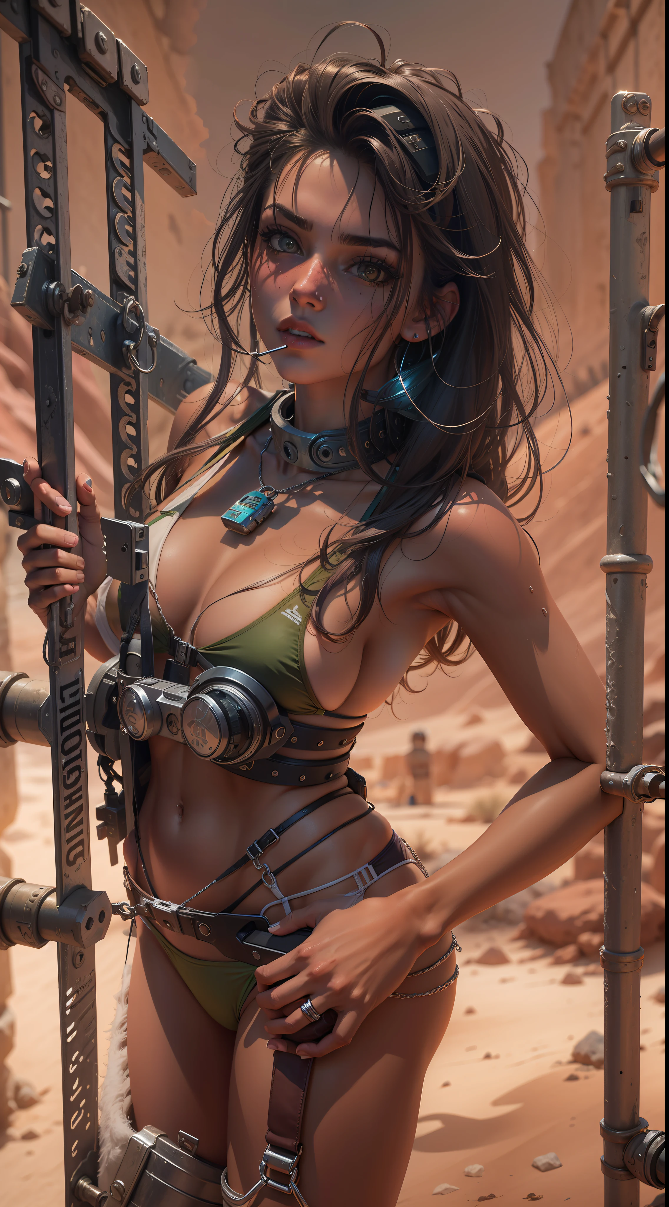 Uma garota loira de 18 anos, wearing a bikini inside a lock;(meka) atirando,Estilo de engrenagens, Post-apocalyptic background in the night desert, Bottom-up angular front camera