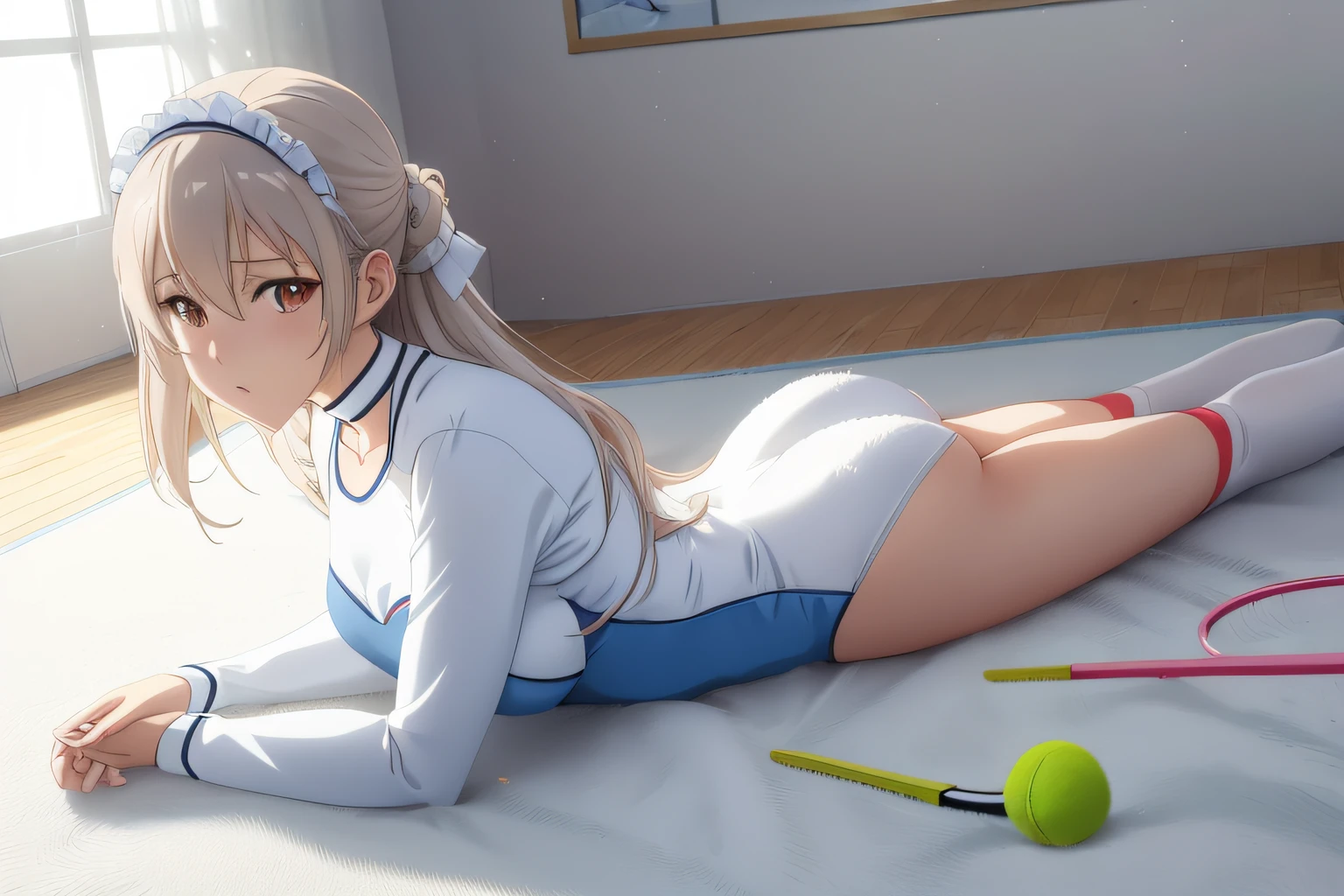 Anime – style rendering of woman lying on floor with tennis racket, Smooth Anime CG Art, realistic anime, an anime girl, photorealistic anime girl render, Realistic anime style, wearing white leotard, beautiful anime girl squatting, Anime Art, Anime Barbie in white stockings, Trending on CGSTATION, Seductive Anime Girl