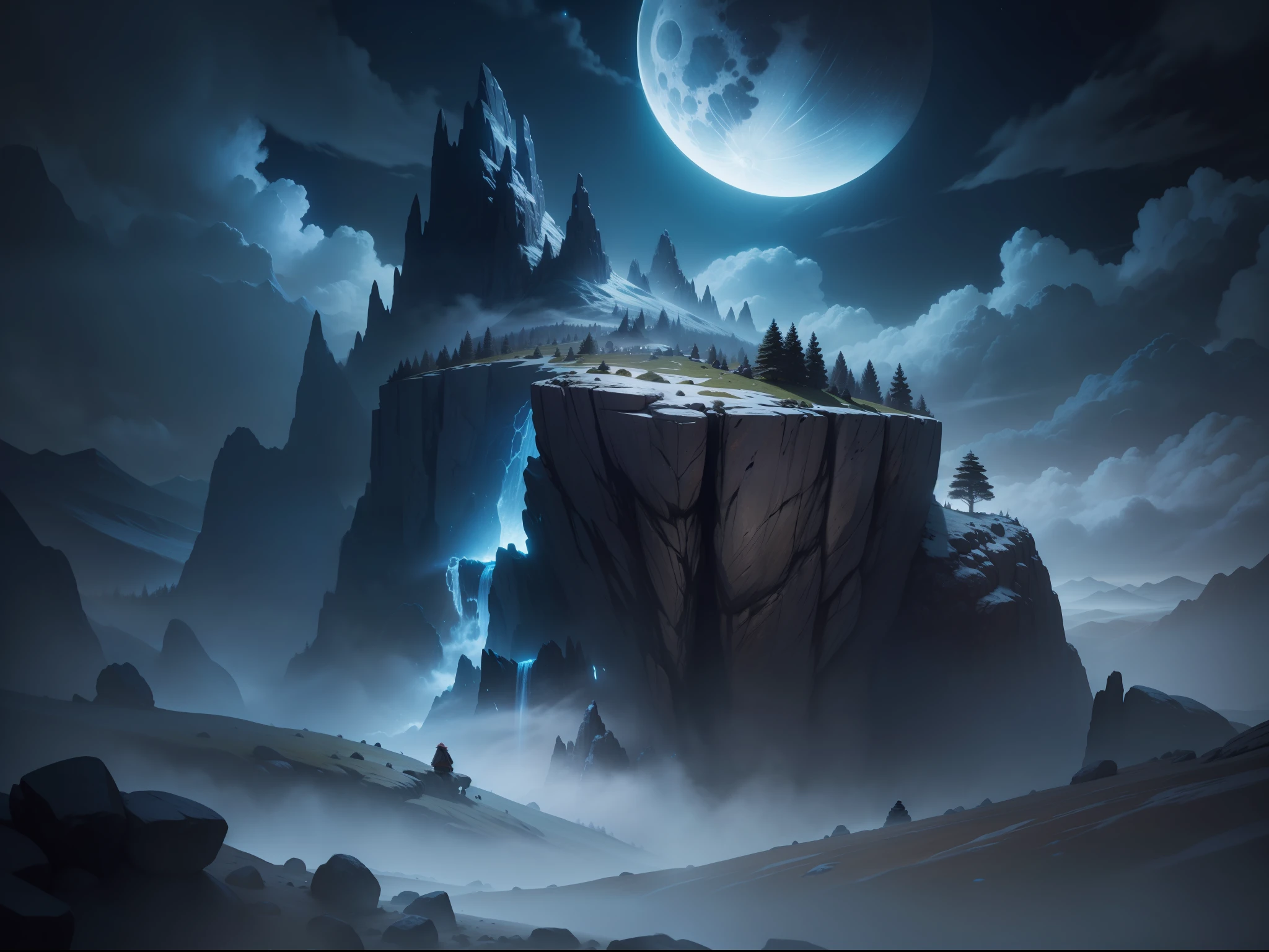 Dwarf, moonlit valley of stones, wisps of wisps throughout the environment, high definition, high quality, professional cinematic lighting, 16K, movie poster, high quality, high quality, high definition