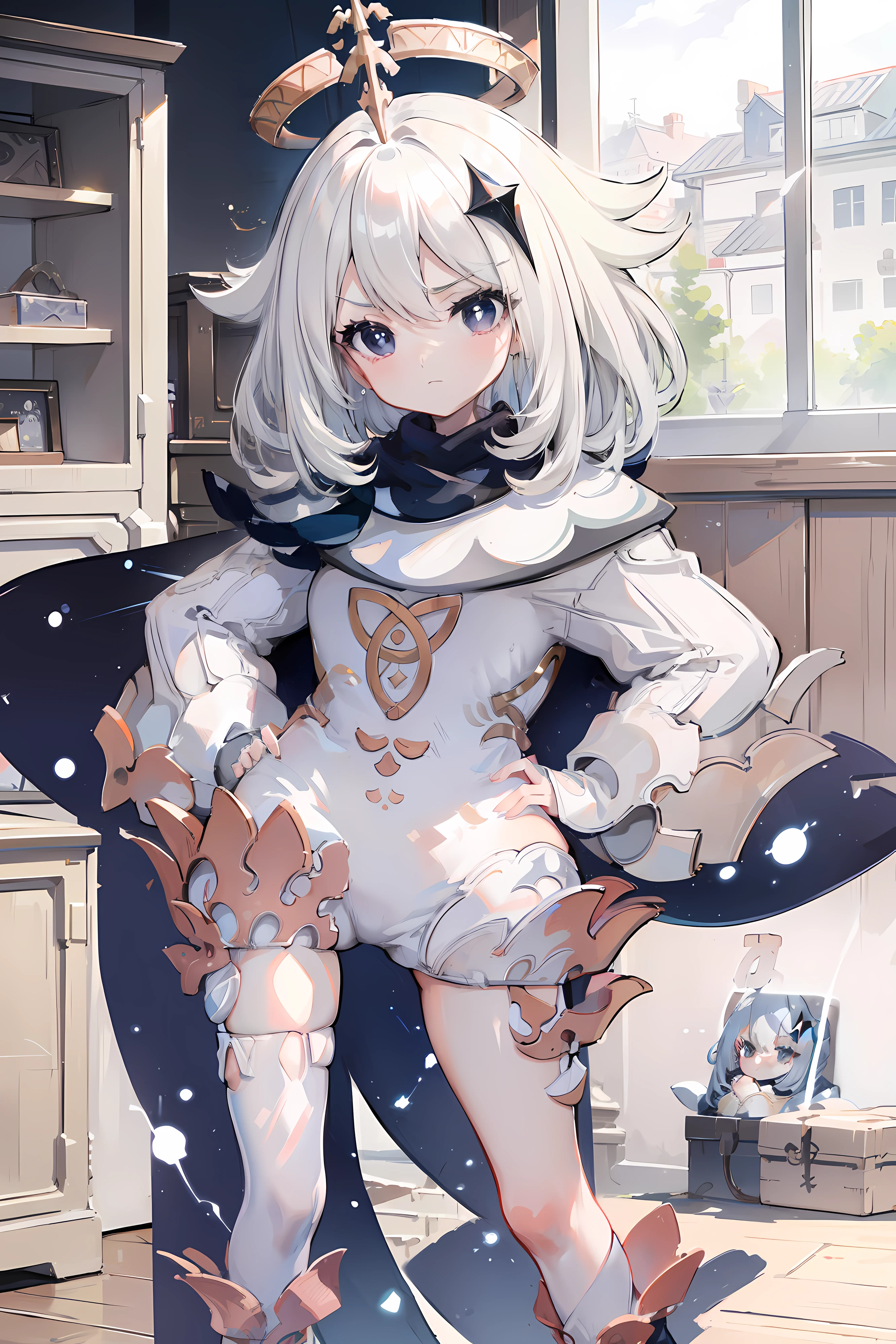 (masterpiece),best quality, expressive eyes, perfect face, 1girl,
big breast, H-cup, good breast, beautiful, gorgeous,anime,girl,lora, hands on waist, hands on hips,1girl, solo, thighhighs, paimon (genshin impact), long sleeves, white dress, dress, halo, thighhighs under boots, single thighhigh, bangs, boots, hair between eyes, white footwear, white thighhighs, white hair, little, ***********,small