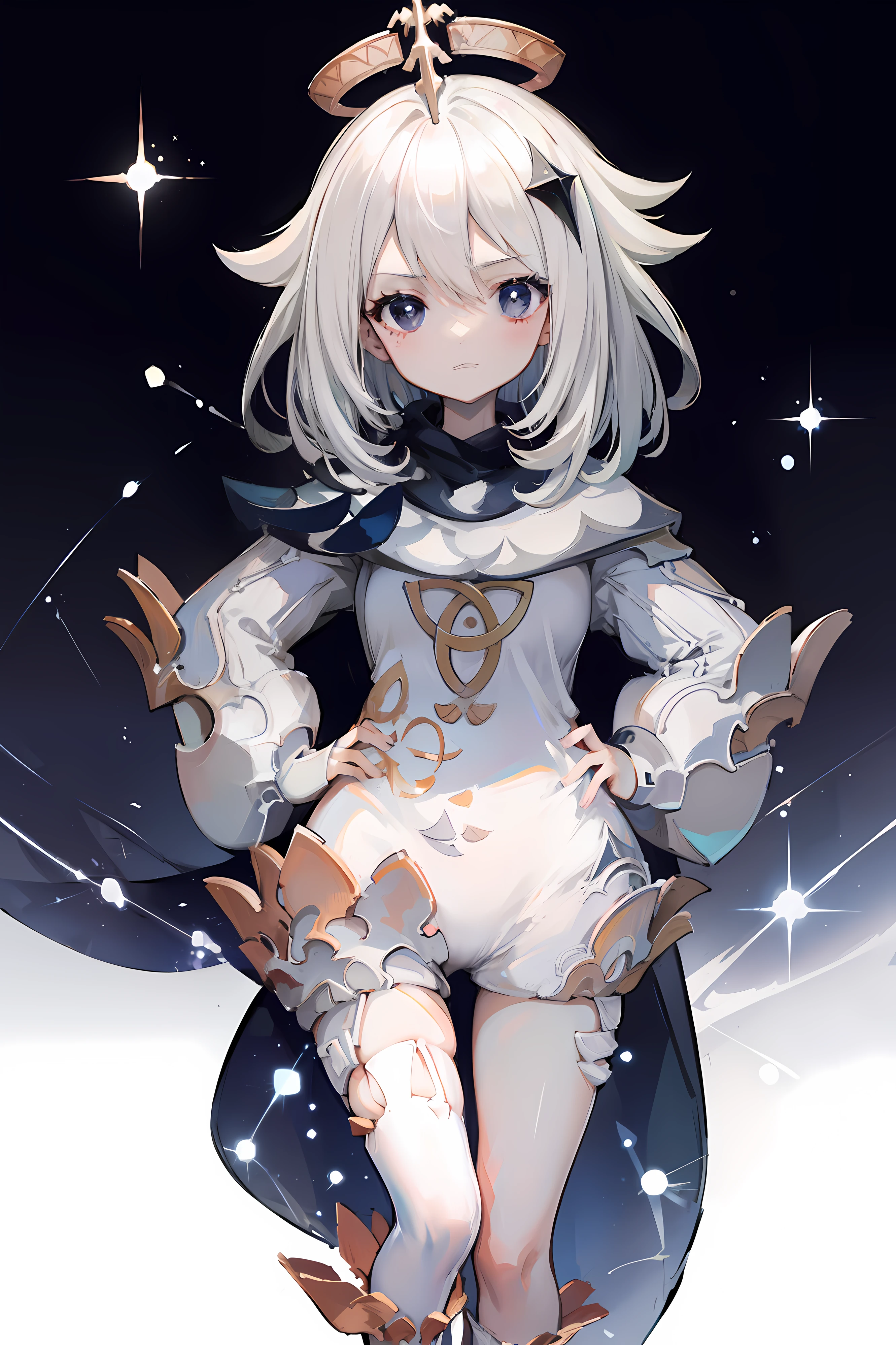 (masterpiece),best quality, expressive eyes, perfect face, 1girl,
big breast, H-cup, good breast, beautiful, gorgeous,anime,girl,lora, hands on waist, hands on hips,1girl, solo, thighhighs, paimon (genshin impact), long sleeves, white dress, dress, halo, thighhighs under boots, single thighhigh, bangs, boots, hair between eyes, white footwear, white thighhighs, white hair, little, ***********,small