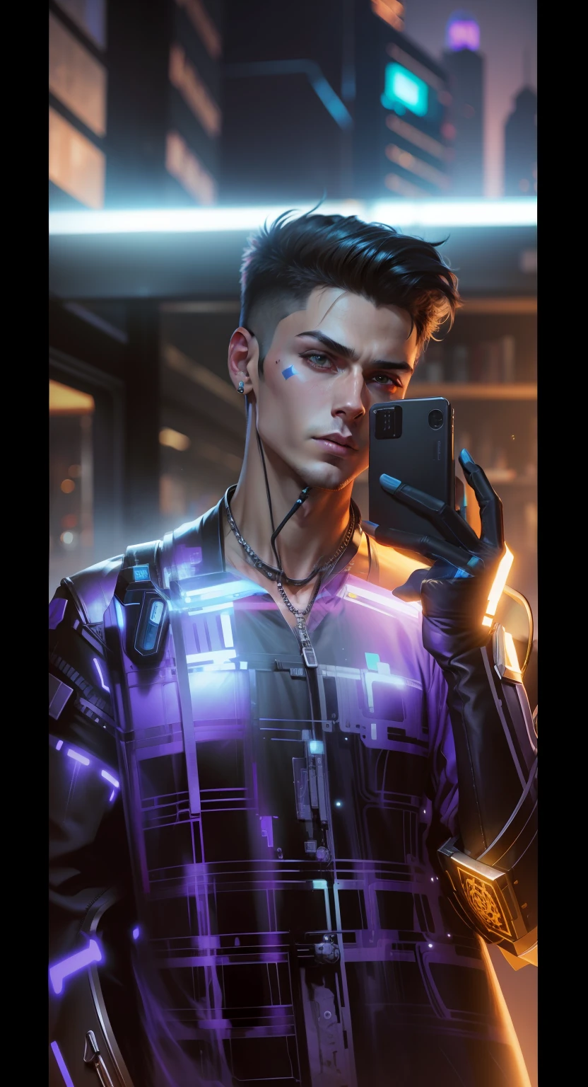 Change background cyberpunk hansome boy, taking selfie,realistic face ,8k ,