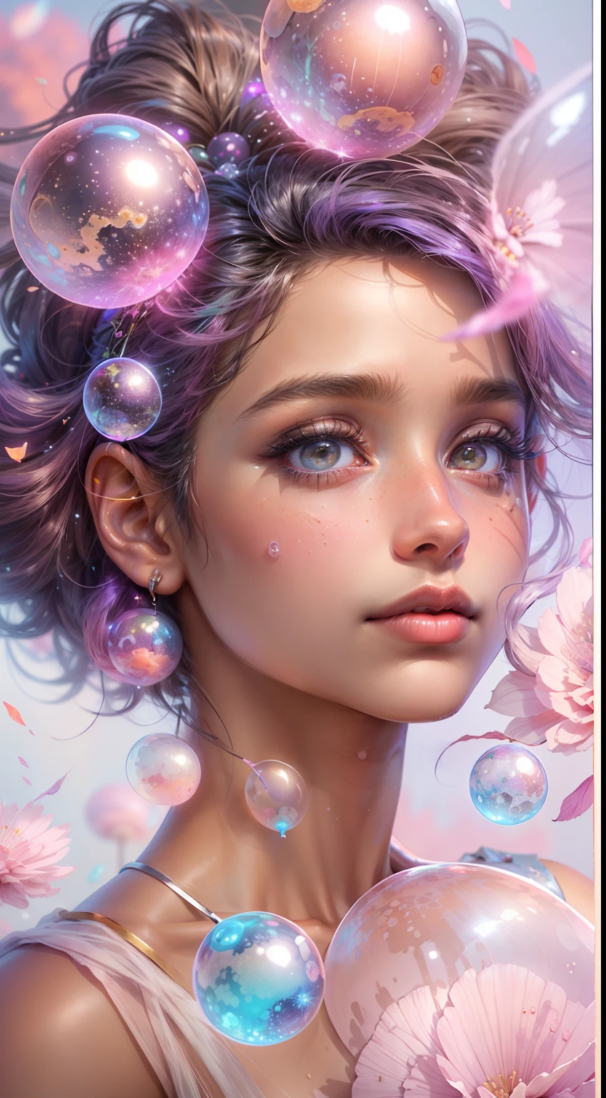 ((masterpiece)). This artwork is sweet, dreamy and ethereal, with soft pink watercolor hues and candy accents. Generate a delicate and demure fae exploring a (bubblegum world with a wide variety of pastel shades). Her sweet face is extremely detailed and realistic with elegant features and a fierce expression, and looks like ((((naomi scott)))). Include mature features and stunning, highly realistic eyes. Her eyes are important and should be realistic, highly detailed, and beautiful. In high definition and detail, include lots of details like stars, galaxies, colorful bubbles, colorful petals, and lots of energy and emotion! The stars and colorful bubblegum bubbles are important! Include fantasy details, enhanced details, iridescence, colorful glittering wind, and pollen. Pay special attention to her face and make sure it is beautifully and realistically detailed. The image should be dreamy and ethereal.8k, intricate, elegant, highly detailed, majestic, digital photography