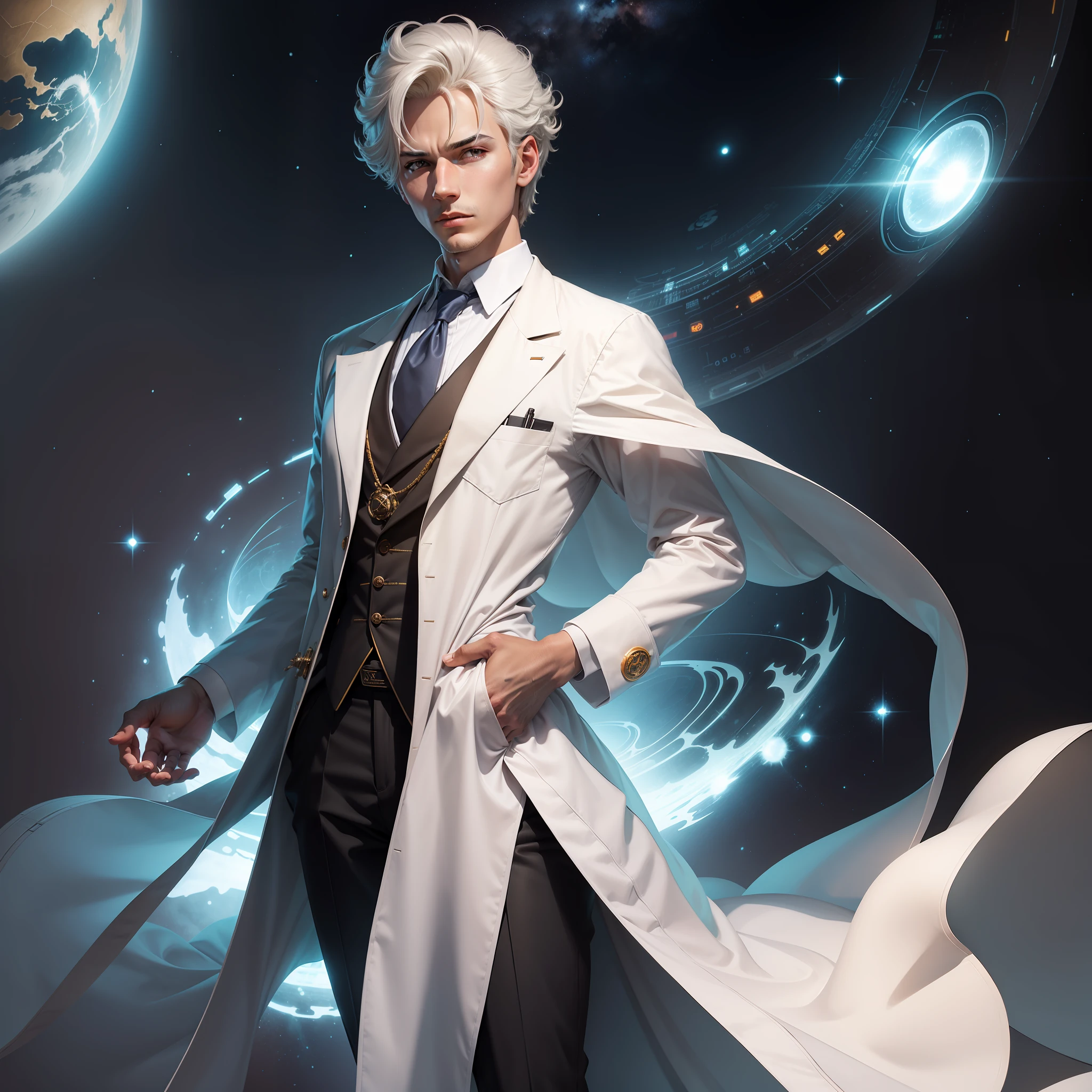 Create a logo for the "Empire of Science" channel that features a combination of a traditional lab coat on an extraterrestrial male scientist with abstract scientific items