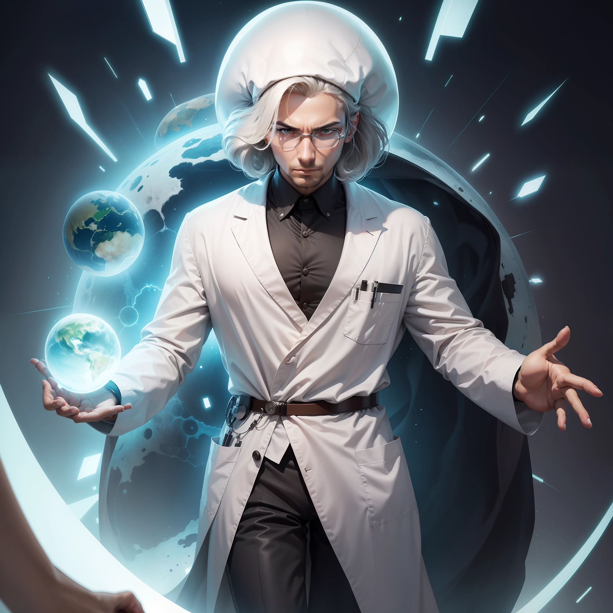 Create a logo for the "Empire of Science" channel that features a combination of a traditional lab coat on an extraterrestrial male scientist with abstract scientific items