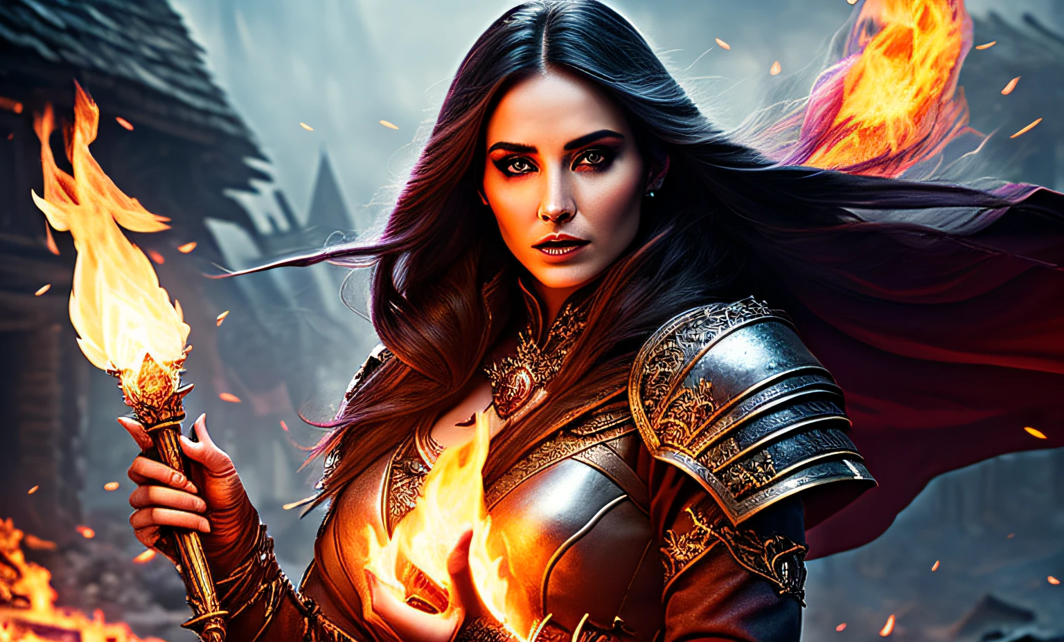 modelshoot style, waist up, award winning digital art of a beautiful sorceress conjuring fire, fully clothed, in a burning and destroyed fantasy village, detailed eyes, magical, d&d, masterpiece, best quality, high contrast, soft lighting, backlighting, bloom, light sparkles, chromatic aberration, smooth, sharp focus
