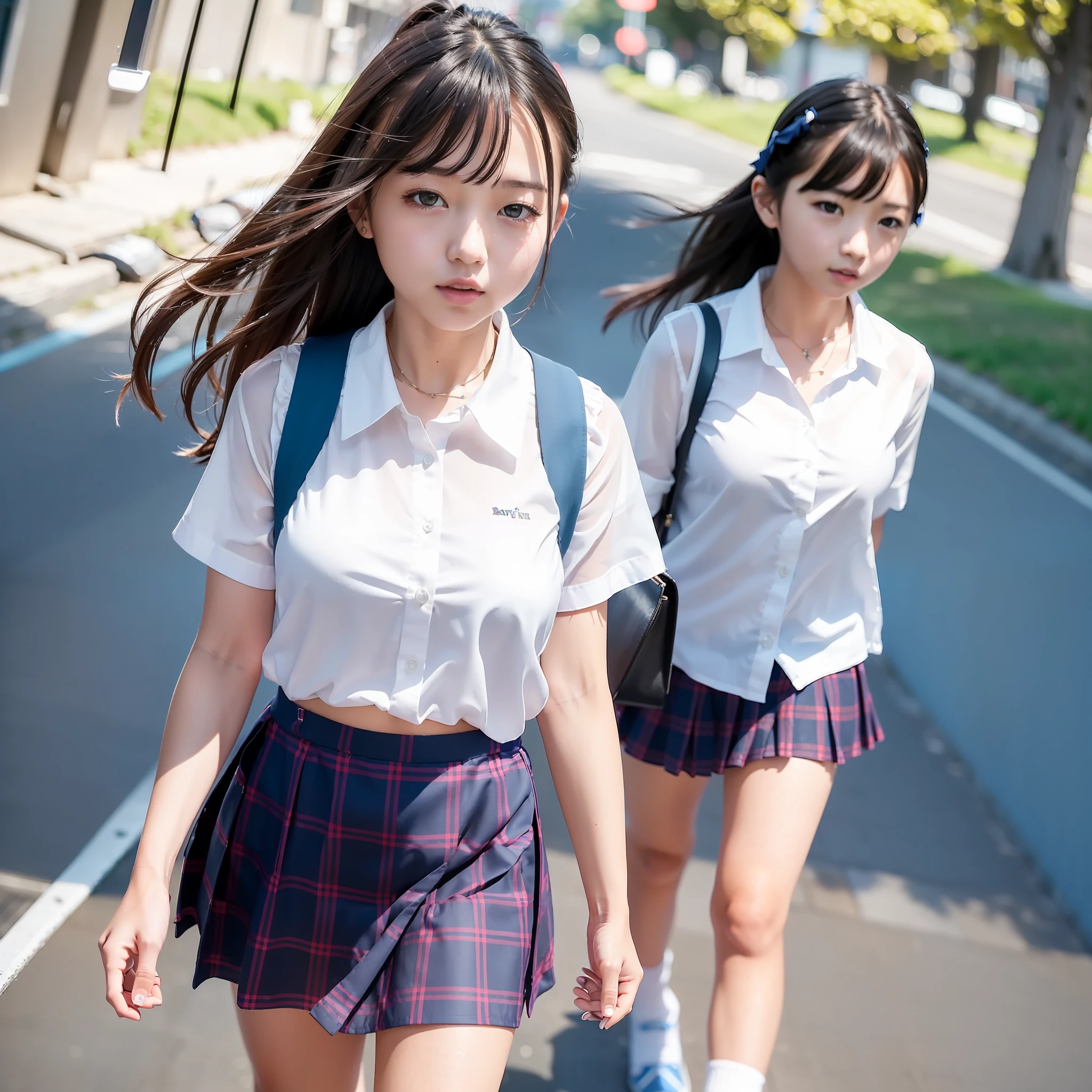 (in 8K、Raw photography、top-quality、masterpiece:1.2)、ultra-detailliert、Live-action girls、High school girl walking happily in the city、Wearing a white blouse with three buttons open from the top、Extra Short Blue Plaid Skirt Wearing Short Skirt、Raw video、Cute schoolgirl in live action、
