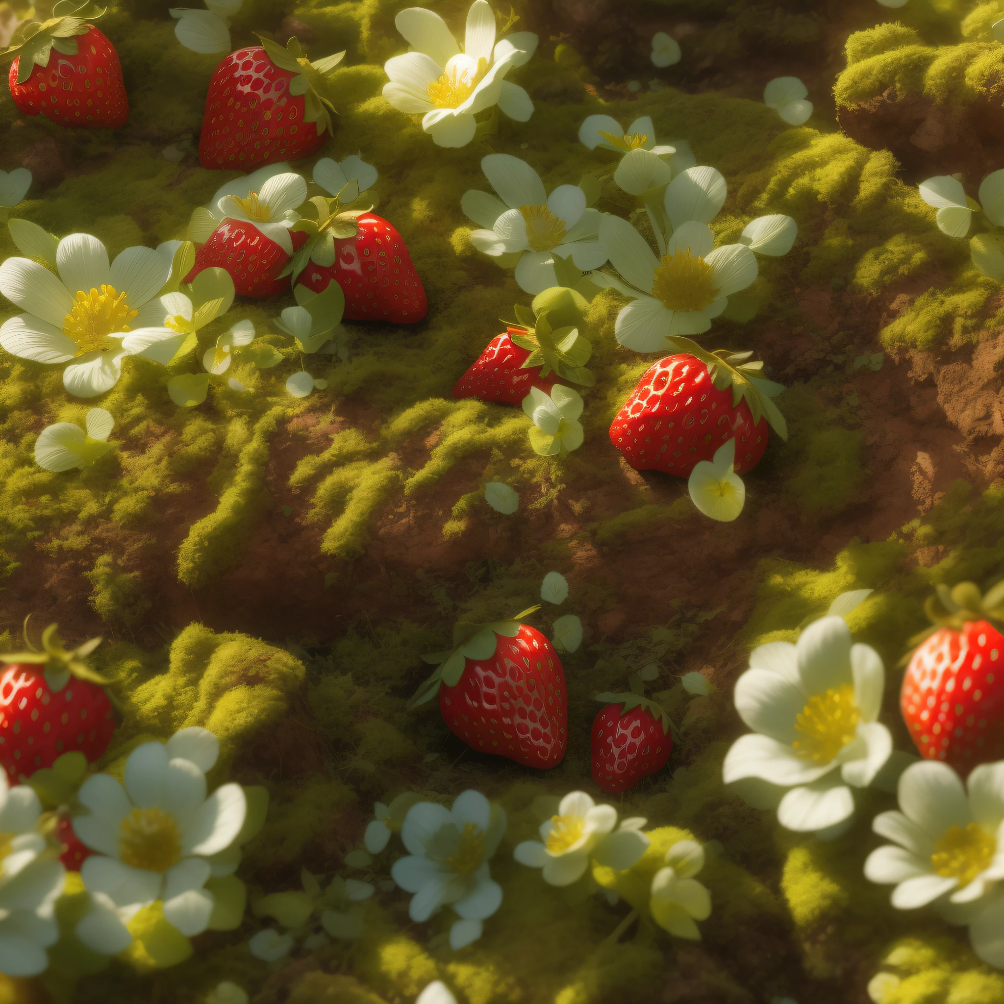 (masterpiece), better quality. Strawberry, bush, moss, trees,flowers ,strawberry field bathed in golden sunlight, trending on artstation, sharp focus, studio photo, intricate details, highly detailed, by greg rutkowski, Global Illumination, White Balance. intricate features, insanely detailed, ultra-realistic, vray tracking, octane rendering, DSLR, UHD, 8k