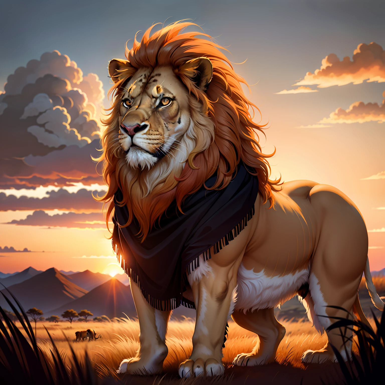 A majestic and regal lion, its golden mane flowing in the wind as it prowls through the tall grass of the savannah. In the distance, the setting sun paints the sky in shades of fiery orange and deep purple, casting a warm and welcoming glow across the African landscape.