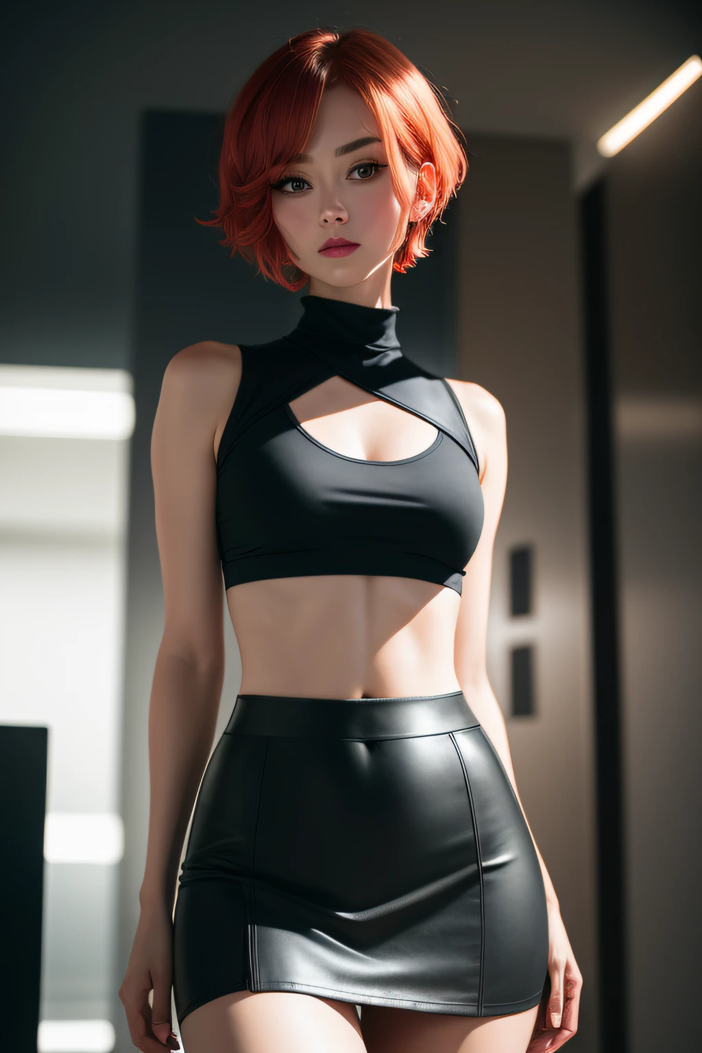 Super sexy Maria dressed (Low-cut and tight (Black hip skirt)), ((White crop top top:1.5) Vest with exposed neckline), Short hair, red hair, photorealestic, photography of, (A high resolution), (realisticlying:1.4), (very intricate), (exquisitedetails), highly detailed, A high resolution, Original, Extremely detailed 8K wallpaper, best qualtiy, 详细的脸, ultra - detailed, RAW photogr, realisticlying, (thigh gap:1.5)