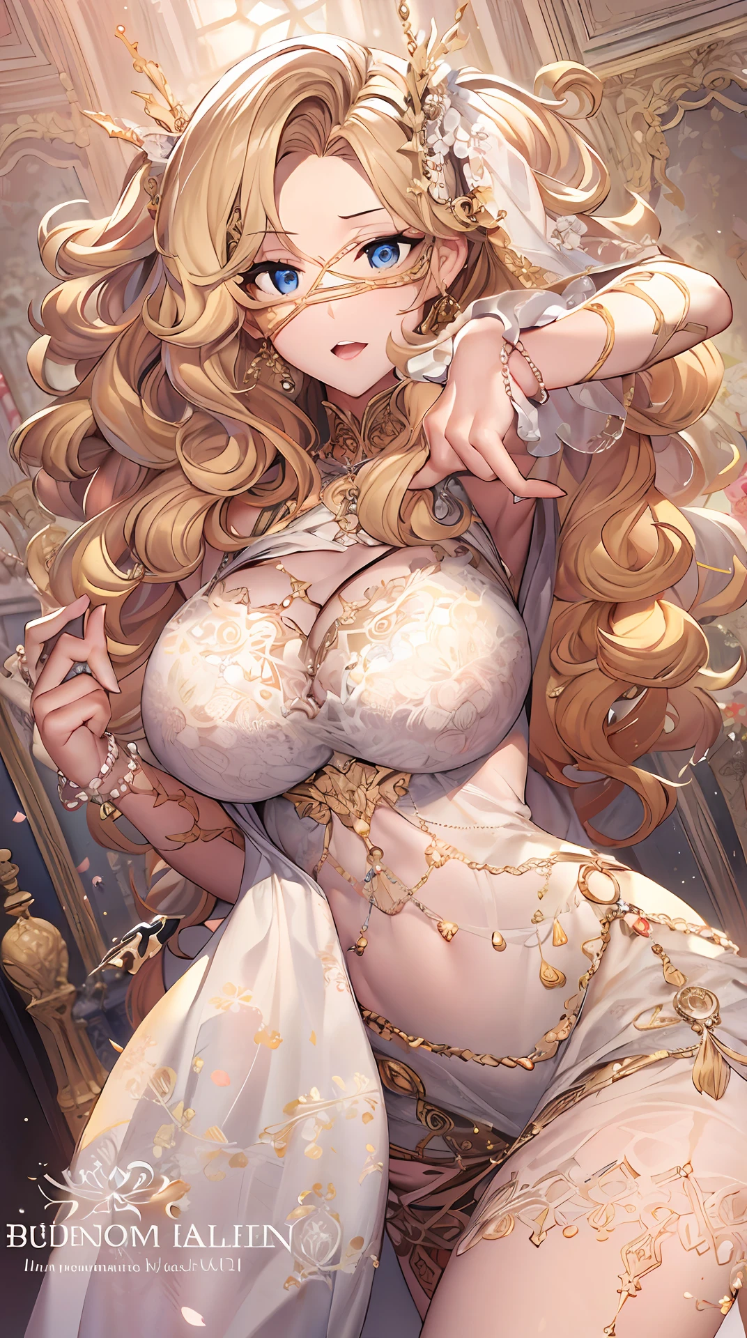 Dancing girl，（（Best quality at best）），（（tmasterpiece）），（The is very detailed，Most detailed，offcial art，Beauty and aesthetics：1.2）mature female,milf,mature,blonde hair, wavy hair with big curls, long hair, ample bosom, blindfolded, alluring, French woman