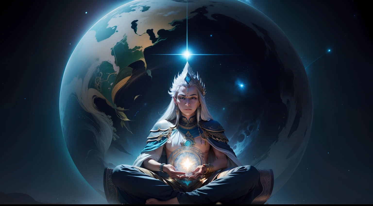 Uma foto de um ser de Shambhala olhando para as estrelas, sentindo-se conectado ao universo.