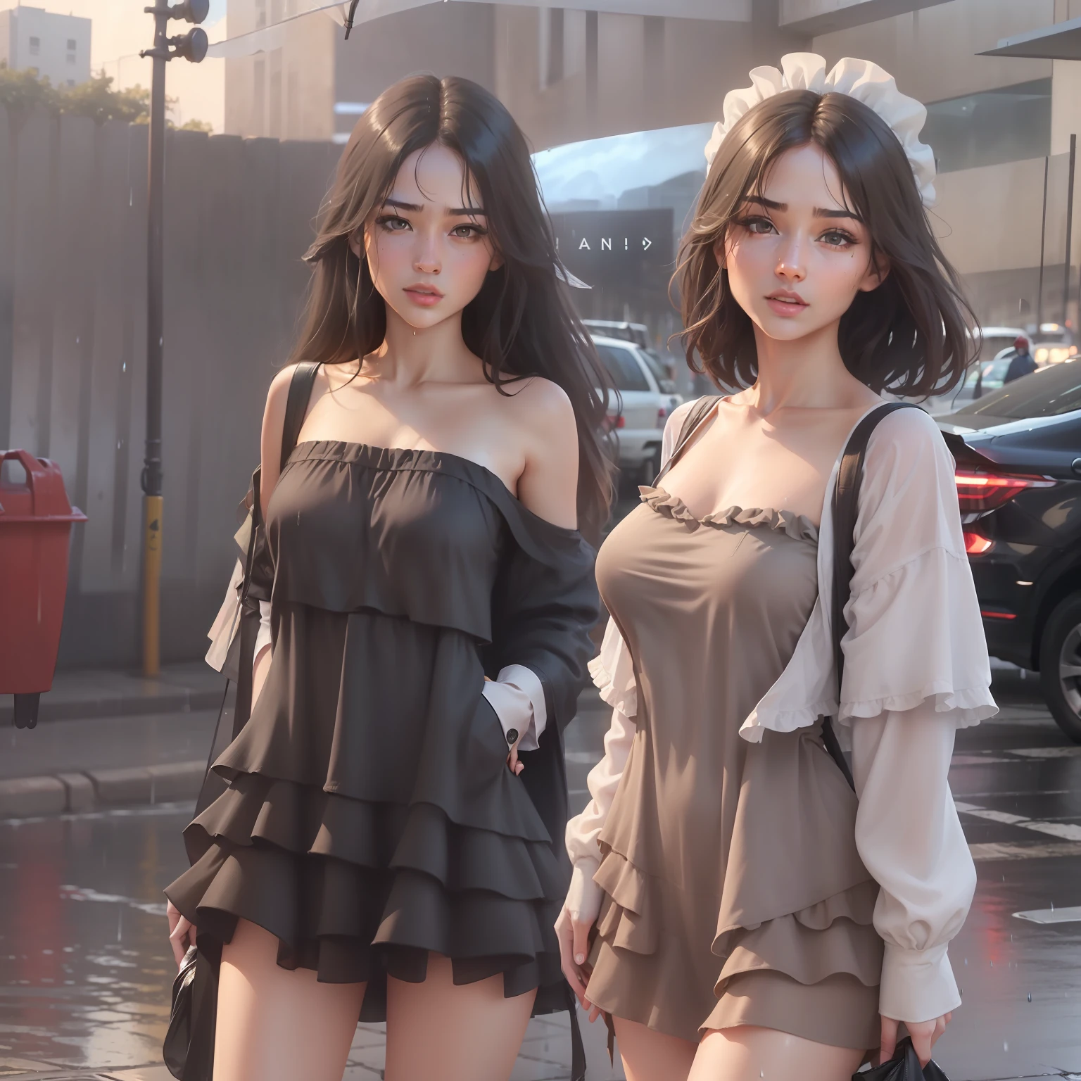 ((Best Quality, 8k, Masterpiece:1.3)), Focus:1.2, Perfect Body Beauty:1.4, Buttocks:1.2, ((Layered Haircut, Breasts:1.2)), (Wet Clothes:1.1) , (Rain, Street:1.3), Bandeau Dress: 1.1, Highly Detailed Face and Skin Texture, Fine Eyes, Double Eyelids, Whitened Skin, Long Hair, (Shut Up: 1.3)