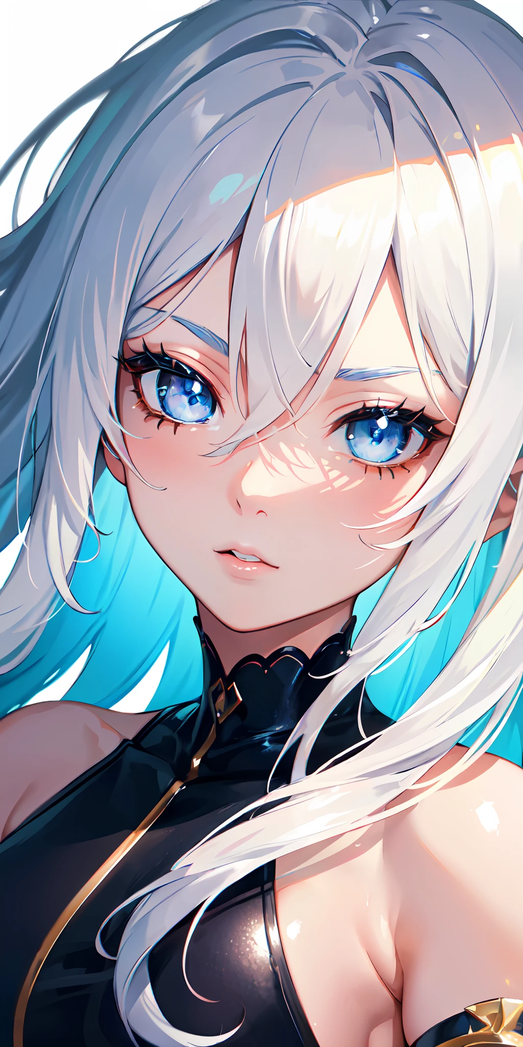 (best quality, masterpiece, wallpaper), (1girl, solo, sharp face, dynamic angle), colorful, (serious girl), (multicolors hair, long hair, white hair, hair between the eyes), (vibrant color, blue eyes, finely detailed beautiful eyes:1.2), (beautiful detailed face), (an extremely delicate and beautiful), high contrast, (detailed background, best illumination, hyper detailed background),