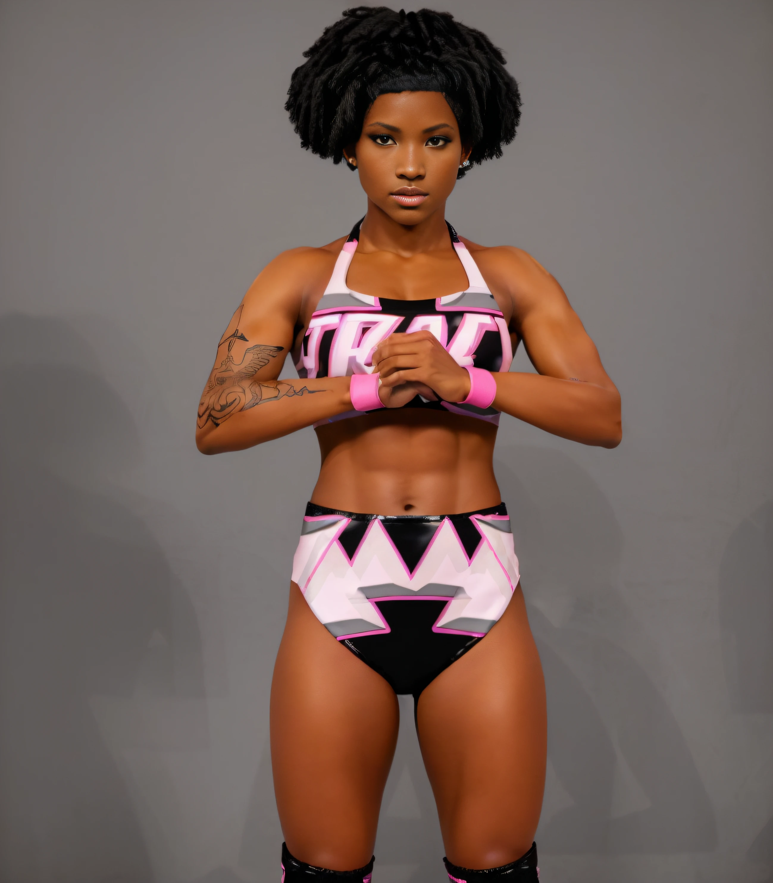 ((masterpiece, best quality)), Black female wrestler with small Afro, black medical tattoos, (in black pink and grey triangle patterned vinyl sports bra that says "TRACI"), black pink and grey triangle patterned vinyl high leg trunks, black pink and grey triangle patterned knee-pads, hot pink wristbands, ((photo realistic)), intricate details
