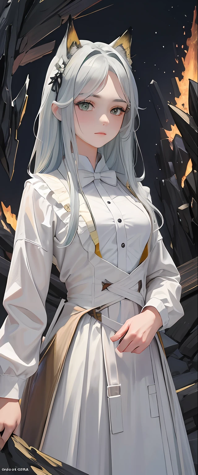 masterpiece, exquisite, illustration, {beautiful and meticulous girl}, beautiful and detailed halo, (fire of war: 1.2), (nuclear explosion behind: 1.3), rain, detailed lighting, detail water, (beautiful and detailed eyes: 1.1), expressionless, palace, sky blue hair, scattered hair, long bangs, eyebrows, (white-gray dress: 1.1), black ribbon, white bow tie, upper abdomen, big forehead, dull, flower, long sleeves