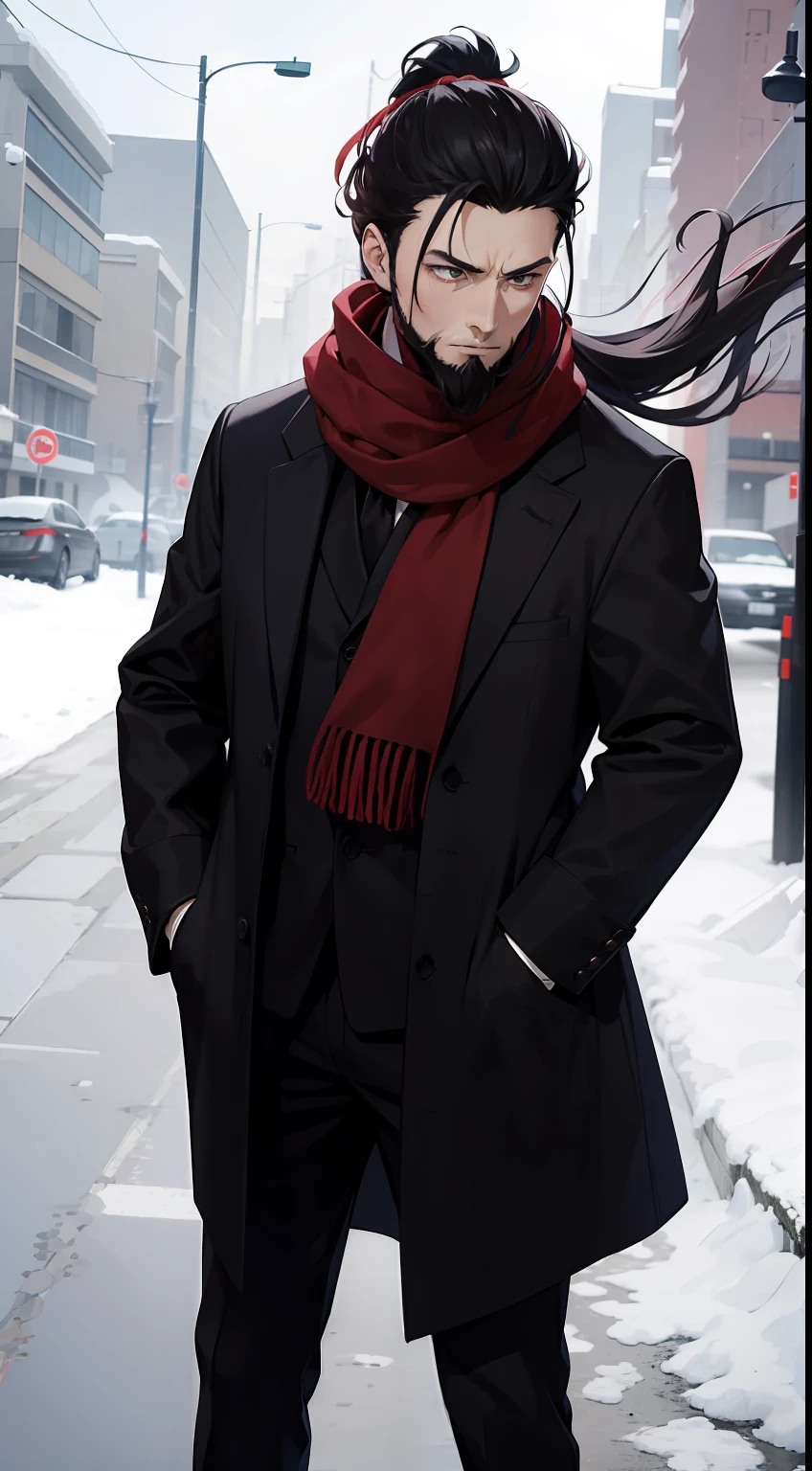 anime, man, dark red scarf, black suit, black overcoat, short ponytail, tiny beard, black gloves, wind