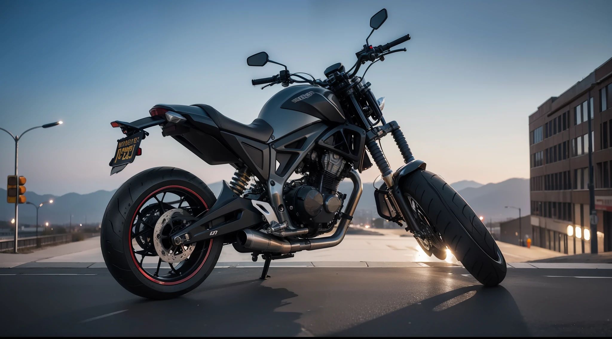 Motocicleta del futuro circulando por una ciudad destruida y abandonada